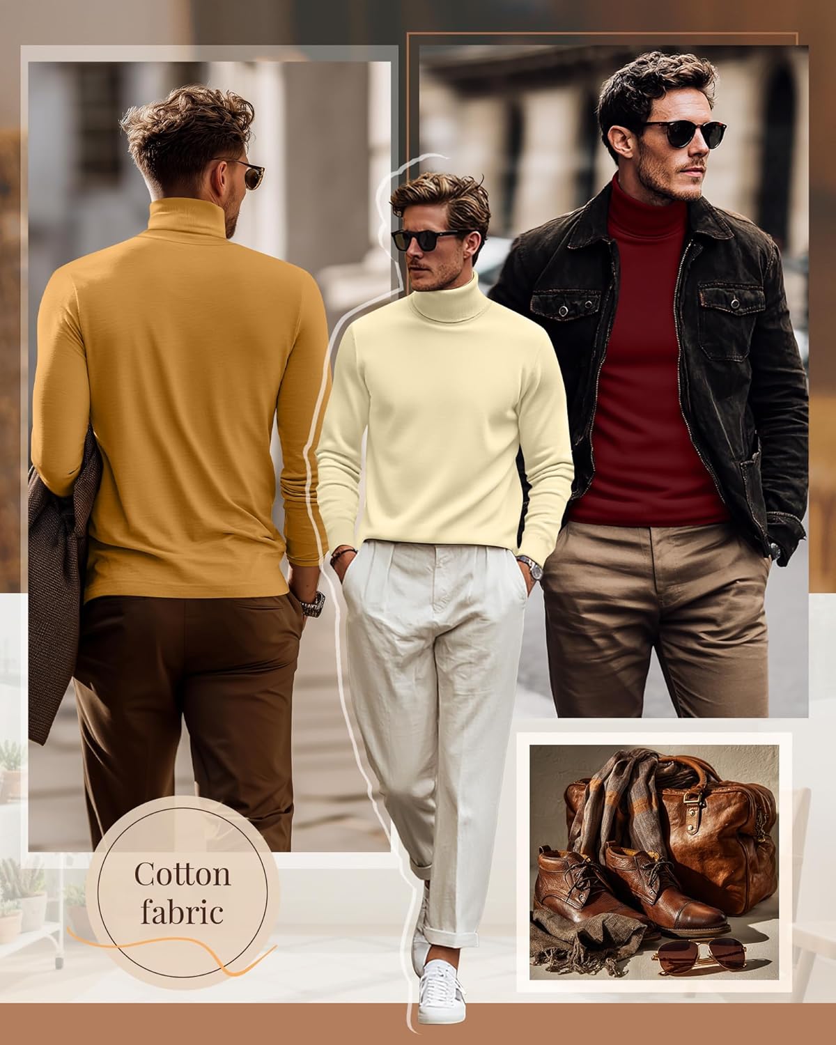 Ficerd 3 Pack Men's Turtleneck Shirts, Long Sleeve Cotton Pullover Sweaters Mock Neck Knitted T-Shirt Basic Slim Fit Tops - Image 3