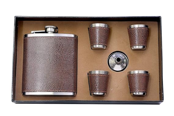 One Nine International Easy Sip Stainless Steel Hip Flasks, Liquor or Wine Whiskey Alcohol Drinks Holder Pocket Bottle with Funnel and Two Shots Glasses Gift Set for Men - 7 Oz (Brown1)