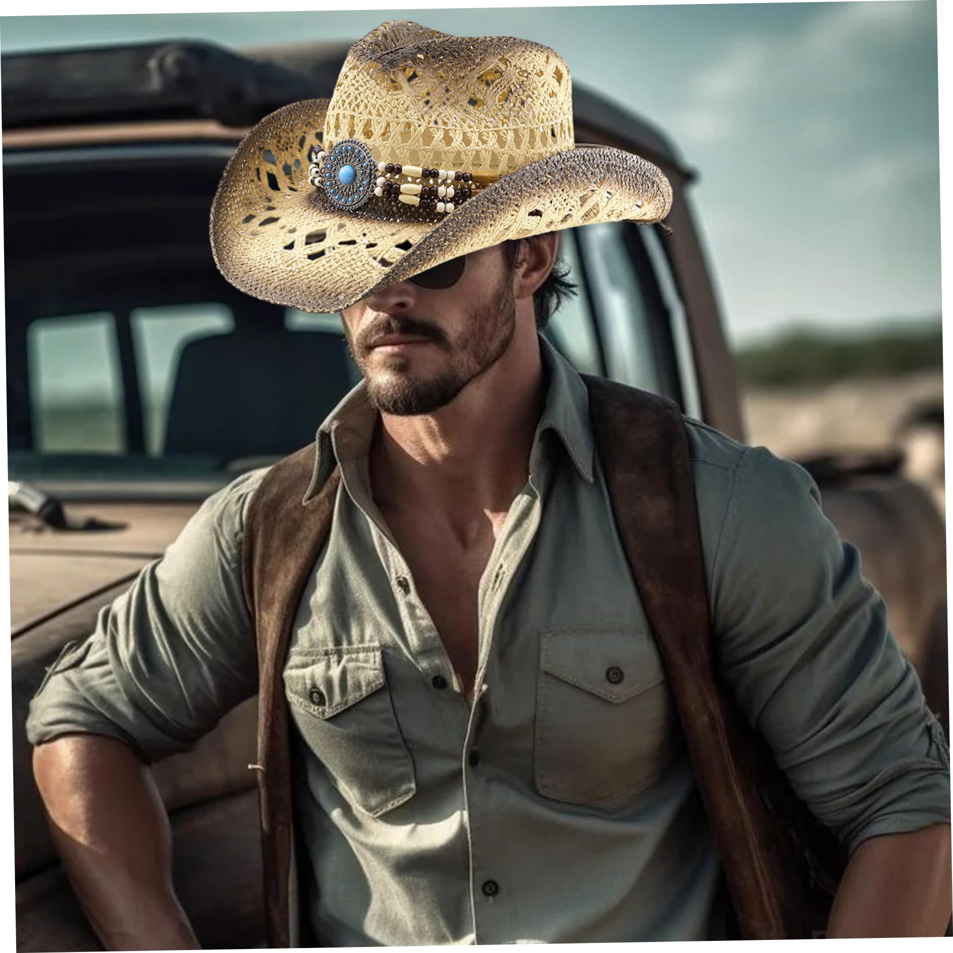 Xdyyjrasa Chapeau de Cow-Girl en Paille Occidentale avec Bord modelable – Bandes décoratives Chapeau de Cowboy en Paille pour Femmes et Hommes, Plage, Soleil