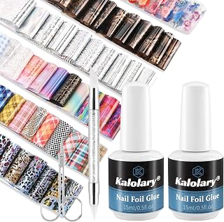 Kalolary 30ML Nail Foil Glue Gel with 60Pcs Foil Transfer Stickers Set, Holographic Laser Buffalo Plaid Flower Leopard Cheetah Nail Art Transfer Stickers for Salon Home Use