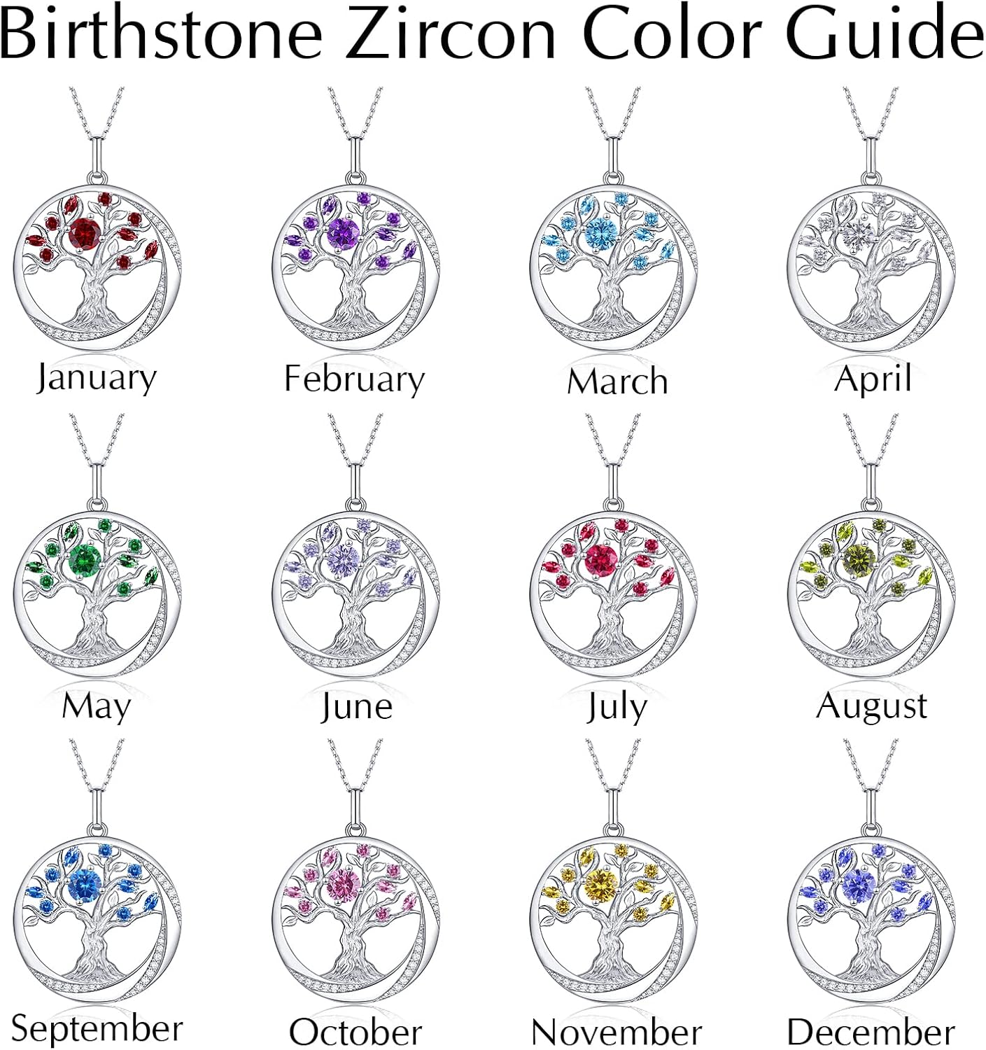 JD & P Sterling Silver Tree of Life Necklace for Women, Cubic Zirconia Birthstone Necklace, Gift Ideal for Her Wife Girlfriend Mom - Image 2