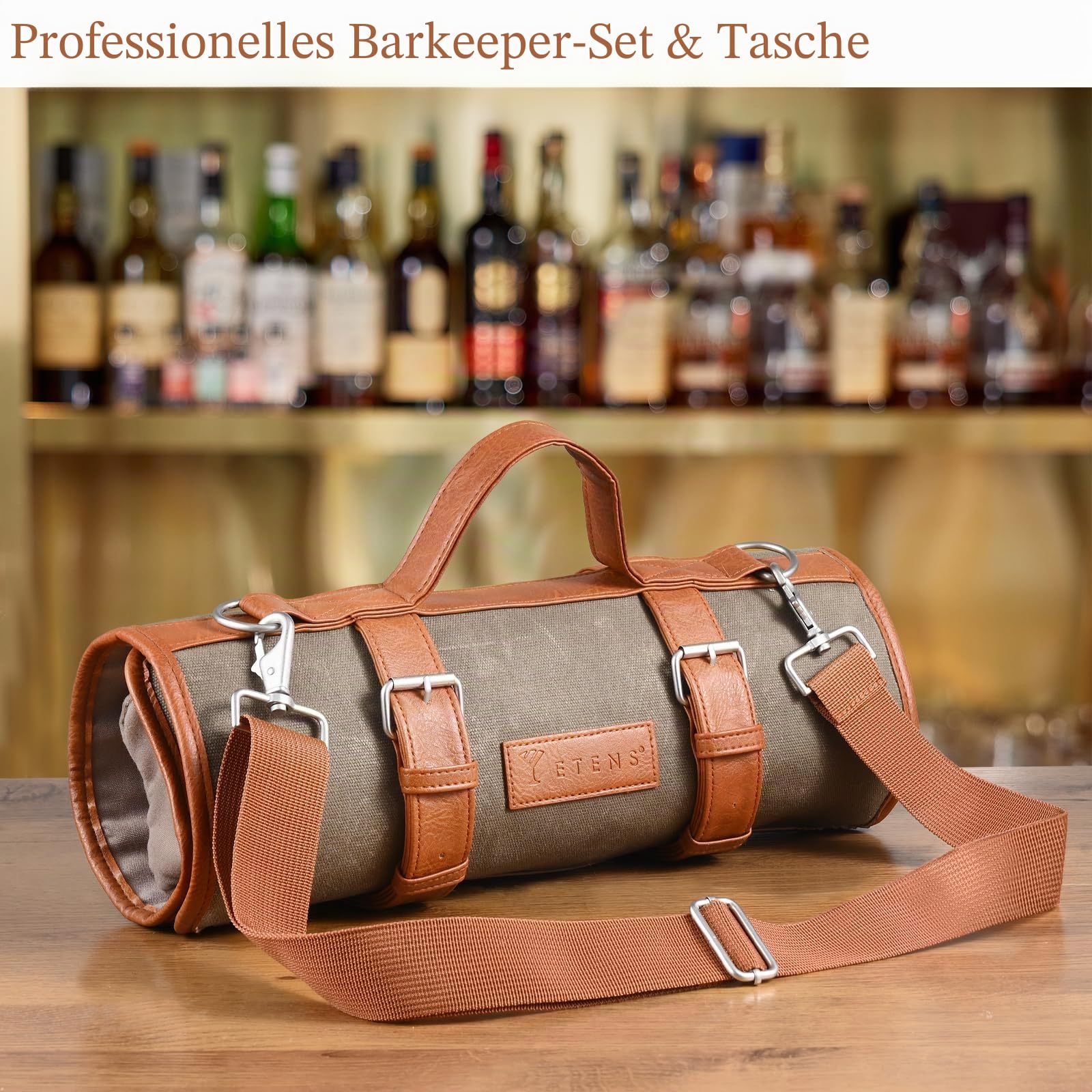 Etens Reise-Barkeeper-Set – 22-teiliges Barset, Cocktail-Set mit Edelstahl-Barwerkzeugen & gewachster Canvas-Tasche – Barkeeper Set, Barzubehör mit Boston Shakern, Jigger, Sieben & Zitronenpresse