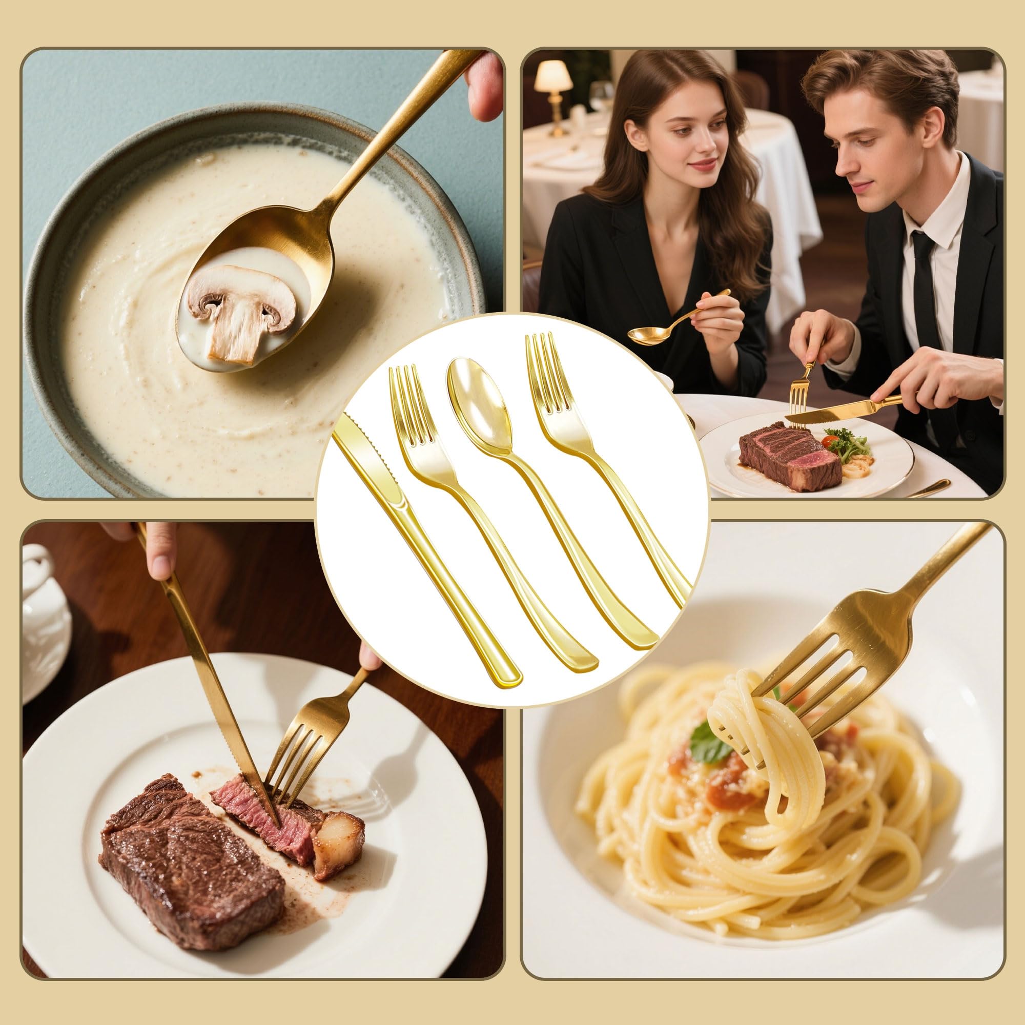 Zcaukya 200 Pieces Gold Plastic Silverware Set, Disposable Cutlery Set Including 100 Forks, 50 Knives and 50 Spoons, Eating Implements Flatware in Bulk for Dinner, Weddings and Birthday Parties