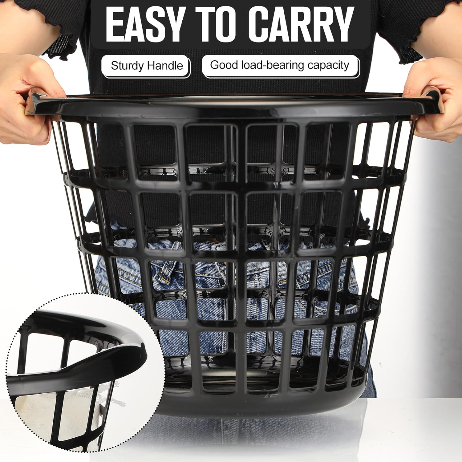 Uiifan 16 Pcs Black Lightweight Laundry Baskets Plastic Large Round Bushel Baskets Capacity Plastic Clothes Basket Space Saving Narrow Laundry Hampers