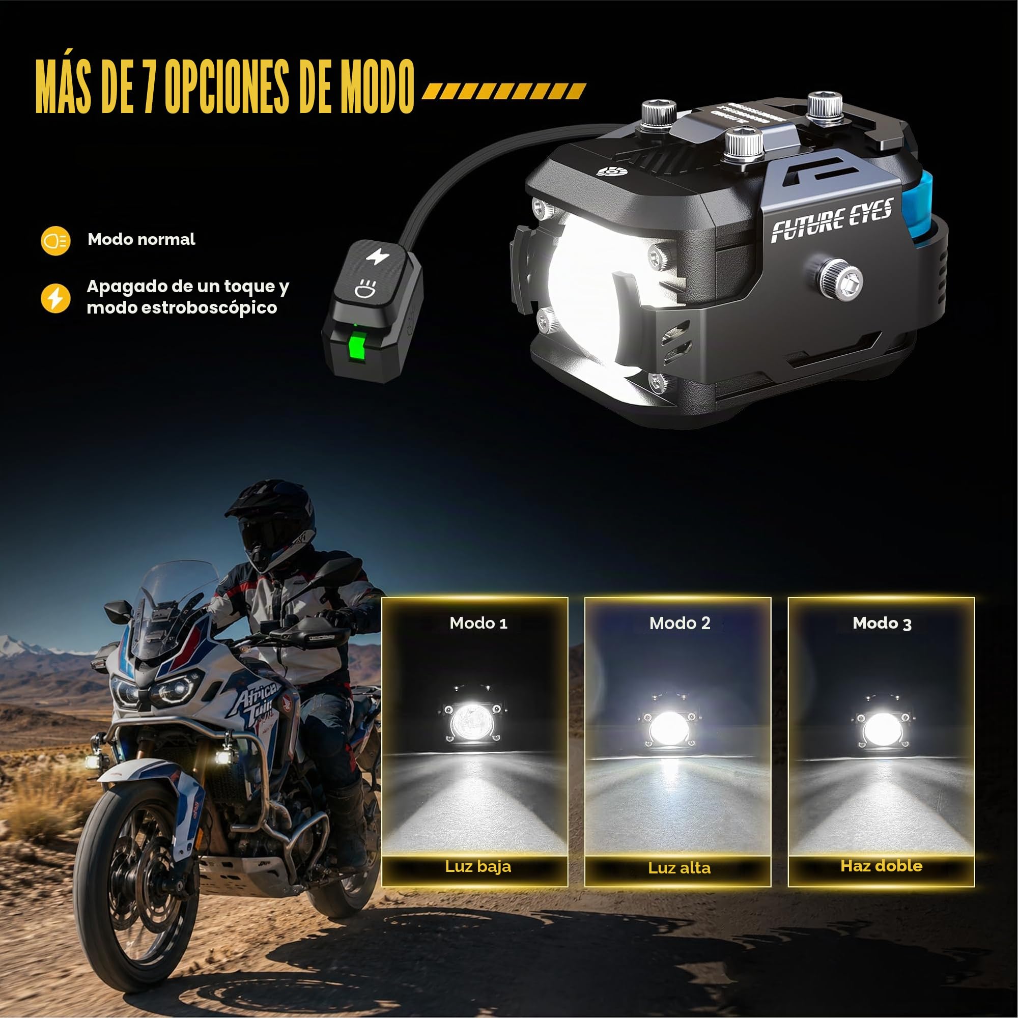 Future Eyes Faros LED Moto 6000LM 60W, Luces Homologadas ECE E-Mark E57, Faros Auxiliares Antiniebla IP67, Luces Exploradoras, Faros Potentes Anti-deslumbramiento 360°