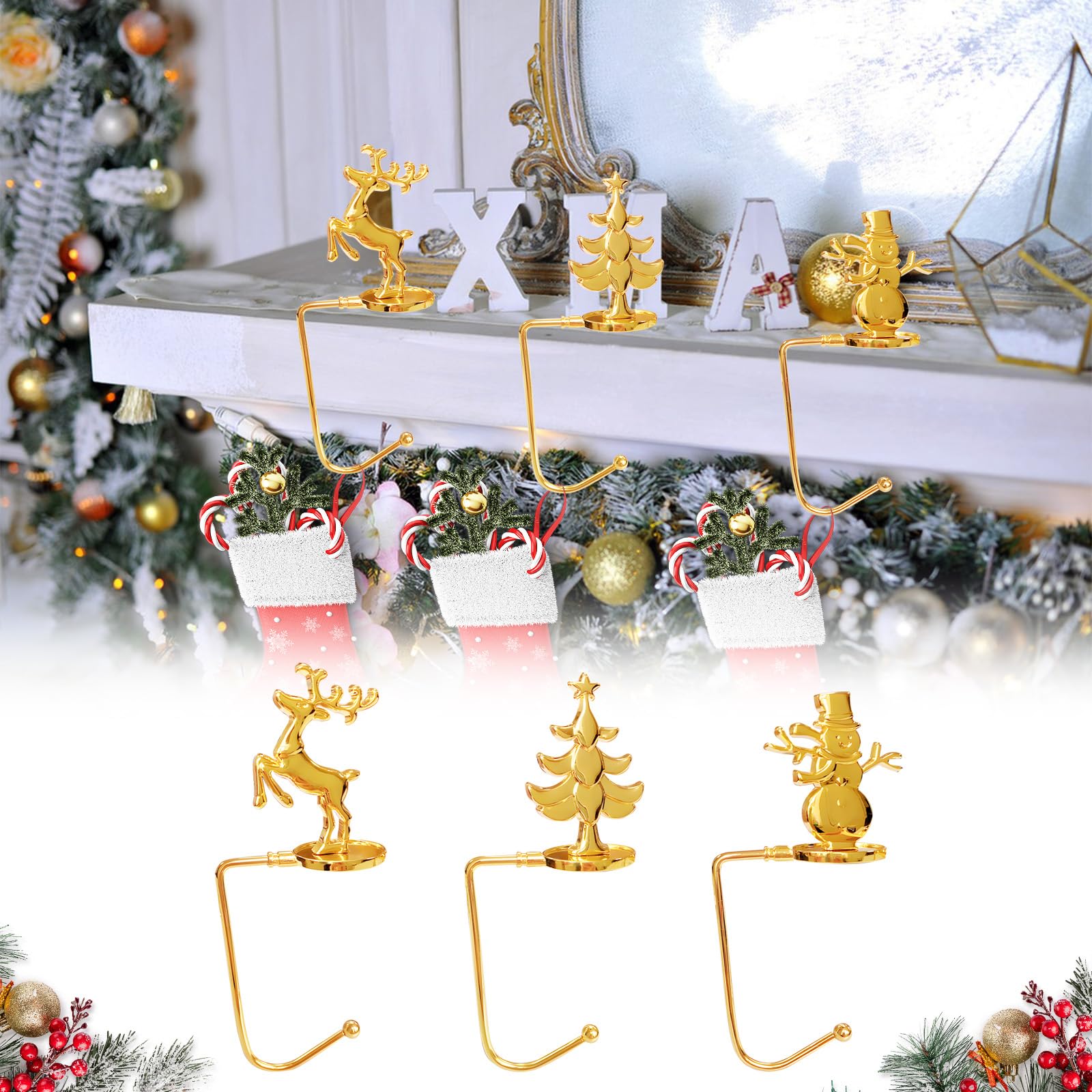 Juego de 3 soportes para medias navideñas, ganchos para chimenea, soportes para calcetines navideños, ganchos navideños, para chimenea y mesa, decoración de calcetines navideños