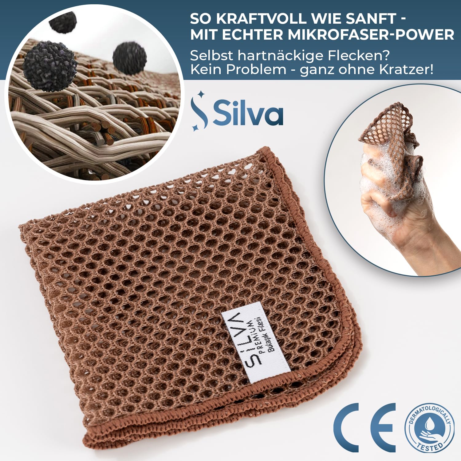 Silva Deegreinigingsdoek, 25 x 25 cm, set van 3, netspoeldoek & deegdoek voor hygiënische reinheid, theedoek voor keuken en bakken, antibacteriële reinigingsdoeken, herbruikbaar en duurzaam