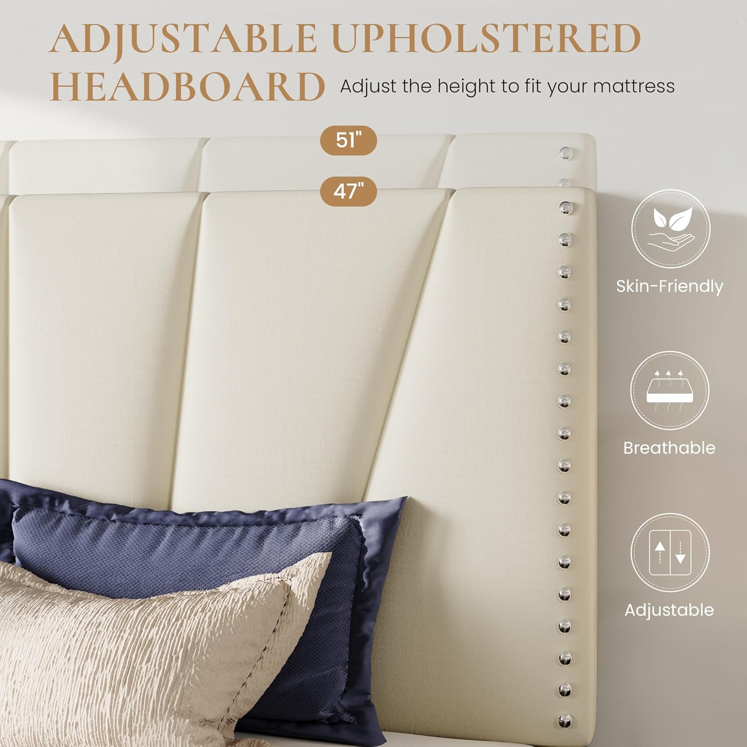 SHA CERLIN Queen Size Bed Frame with Adjustable Upholstered Velvet Rivets Headboard, Sturdy Wooden Slats, Strong Platform Support for Mattress, No Box Spring Needed, Easy Assembly, Cream