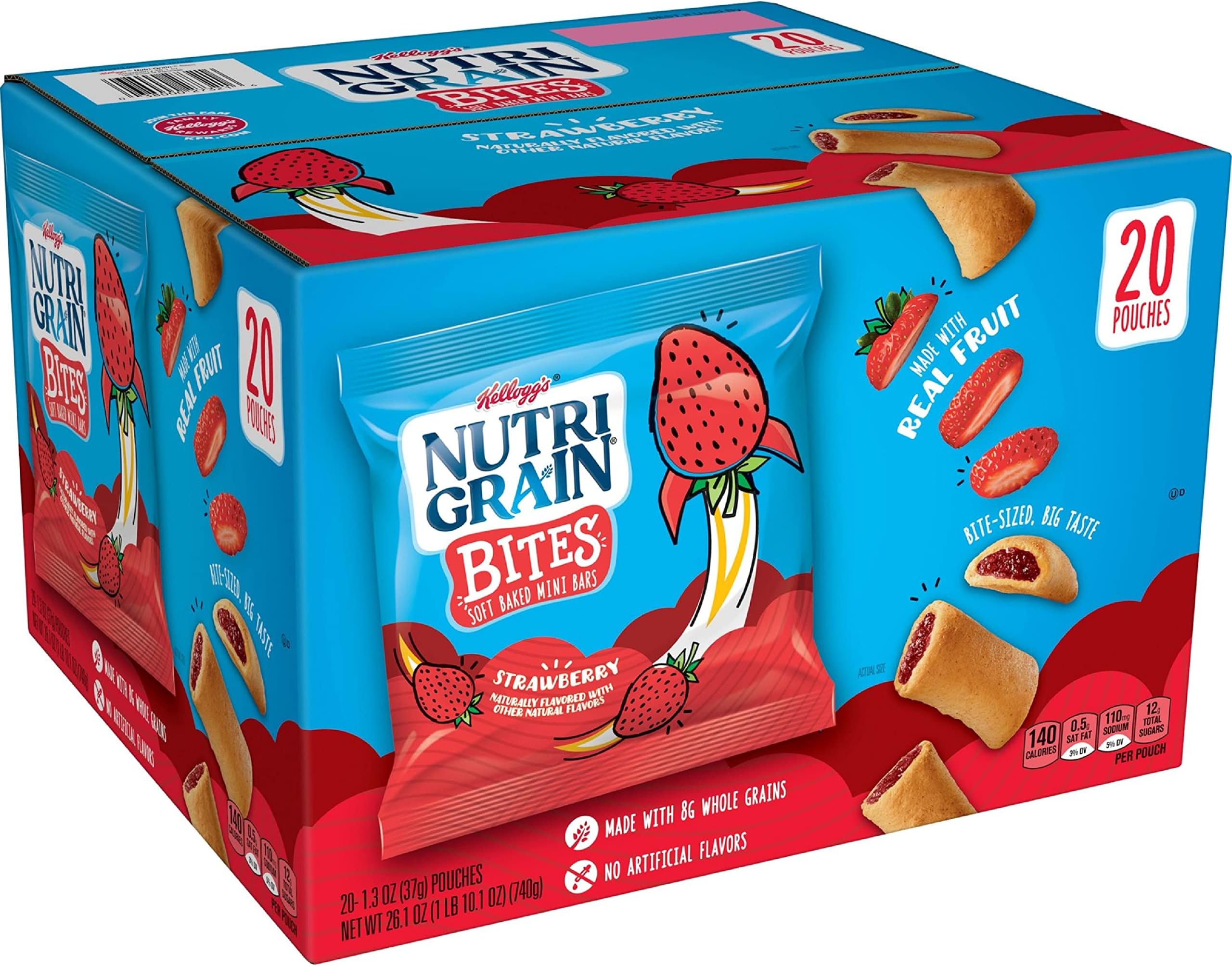 Nutri-Grain Bites Mini Breakfast Bars, Made with Whole Grains, Kids Lunch Snacks, Strawberry, 26.1oz Box (20 Pouches)
