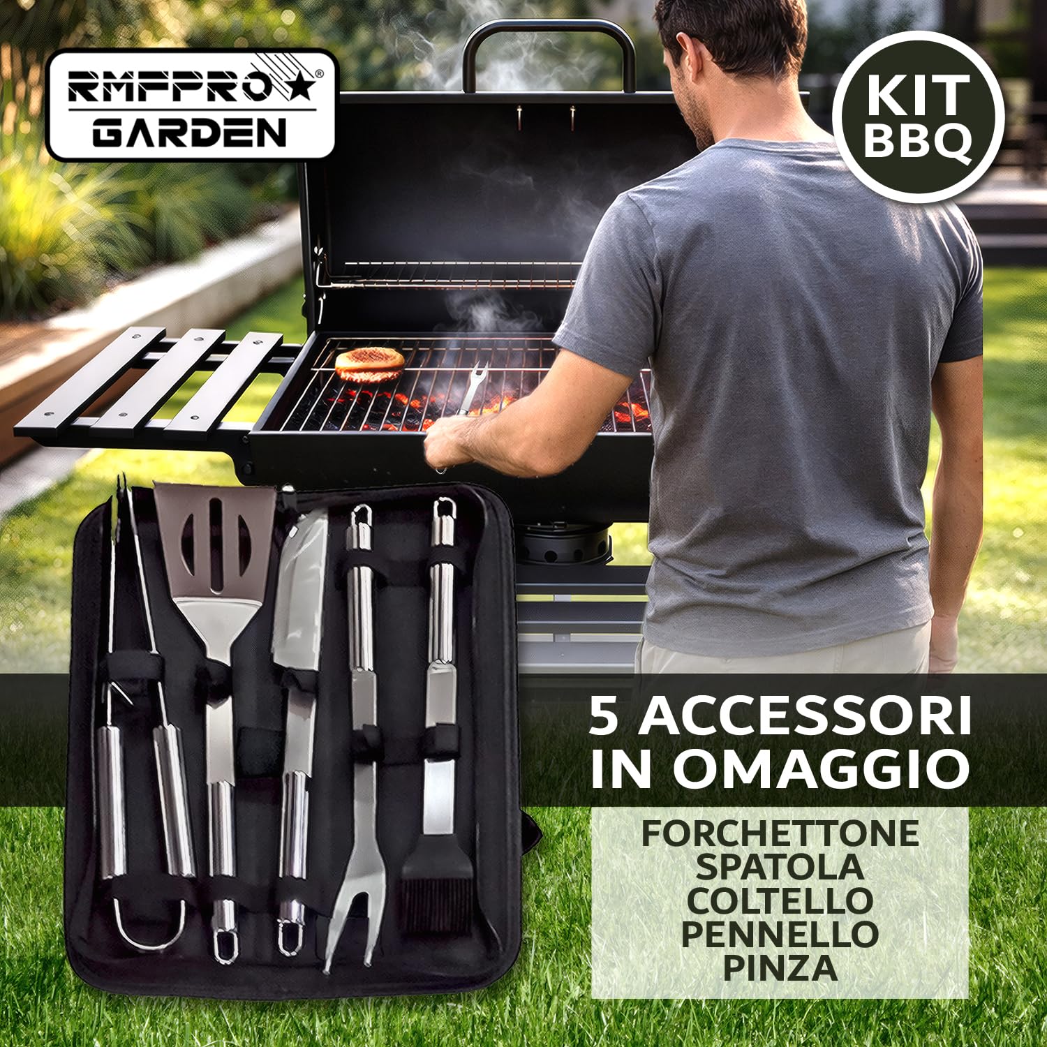 RMF Barbecue a Carbonella con Griglia XL con Termometro Integrato - Kit Accessori e Copertura inclusi, Carrello in Acciaio Resistente con Ruote, Ripiani Laterali Pieghevoli, Cassetto Raccogli-Cenere