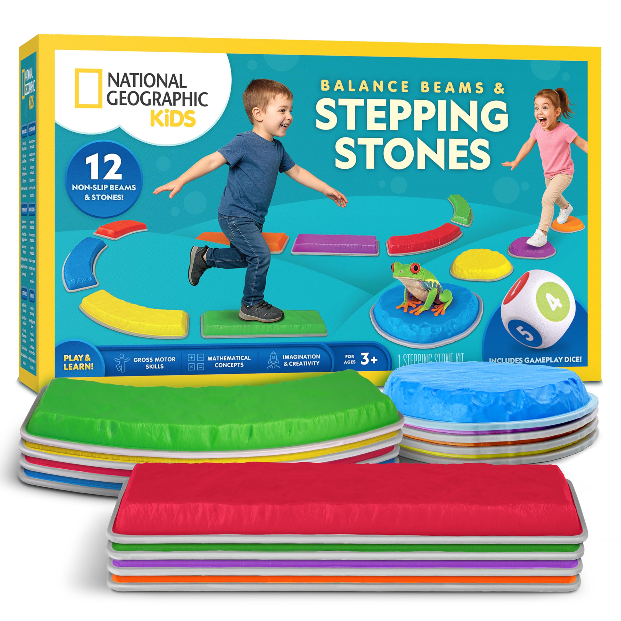 National Geographic Kids Stepping Stones & Balance Beams – 12 Piece Obstacle Course for Kids Ages 3+ with Foam Dice,...