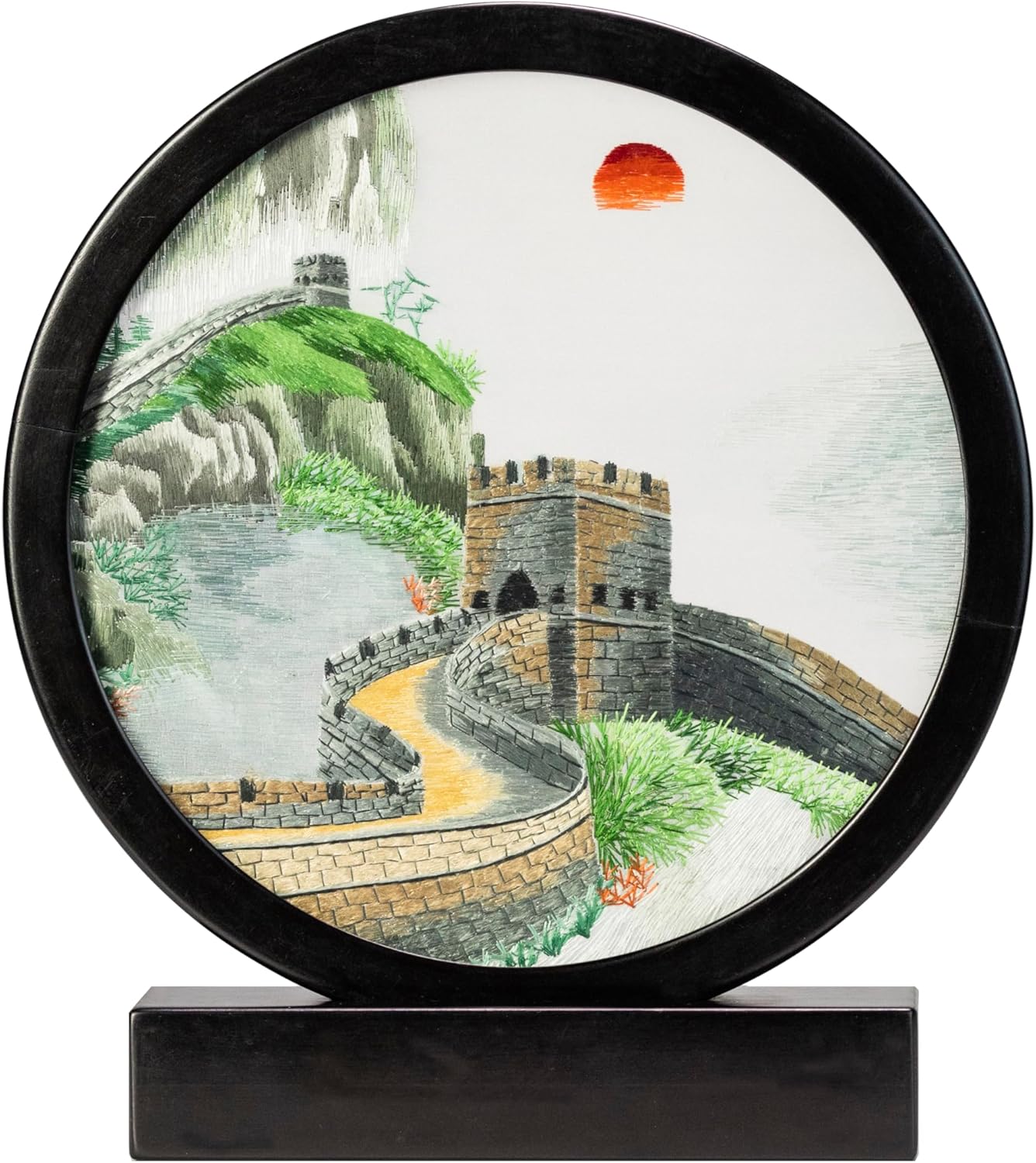 Ebherys Hand Embroidery Art, 8” Glass Round Screen for Desk Top, Handmade Needlework on Silk Mat with Solid Wood Frame, Two Sides with Same Gingko Fish Image for Home and Office Decor (Gingko)