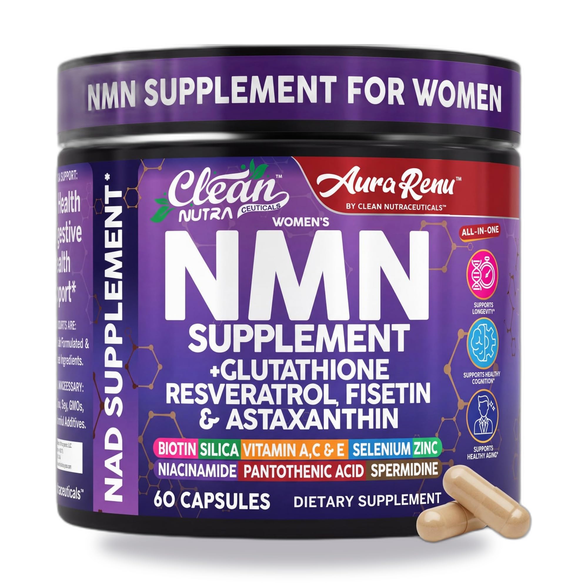 NMN 500mg NAD+ Support Supplement for Women, Cellular Energy, 60 Capsules