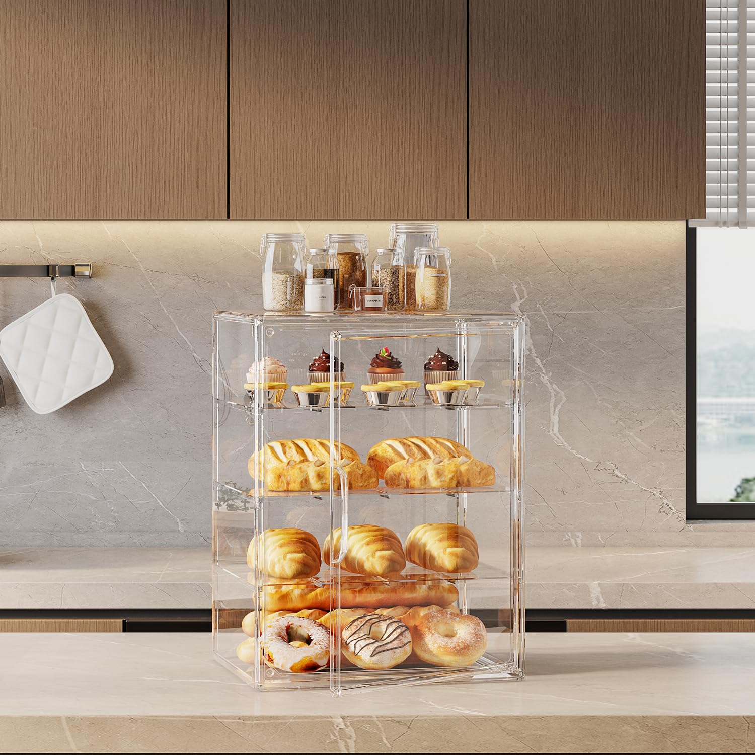 Vitrina de pastelería de 4 niveles, caja de pan grande para encimera de cocina, recipiente de almacenamiento de pan ajustable, exhibición de panadería para pan, galletas y donas, tamaño 15.5 x 11.4 x