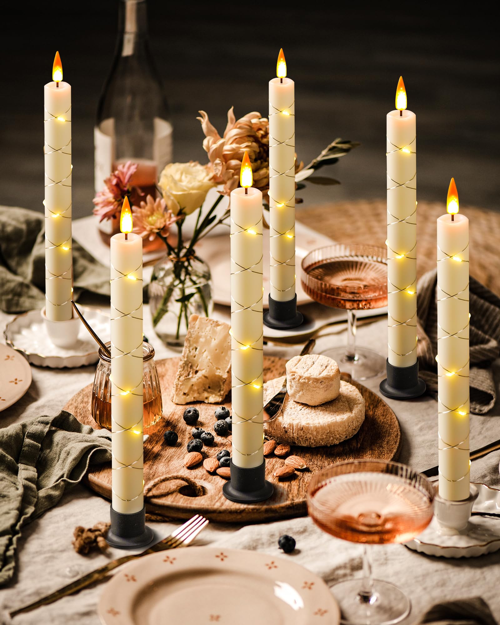 Da by Candela LED con telecomando e timer, candela a cono alimentata a batteria con luce a cavo, stoppino dinamico 3D, set di 6, avorio con 6 basi nere, adatto per l'arredamento della casa