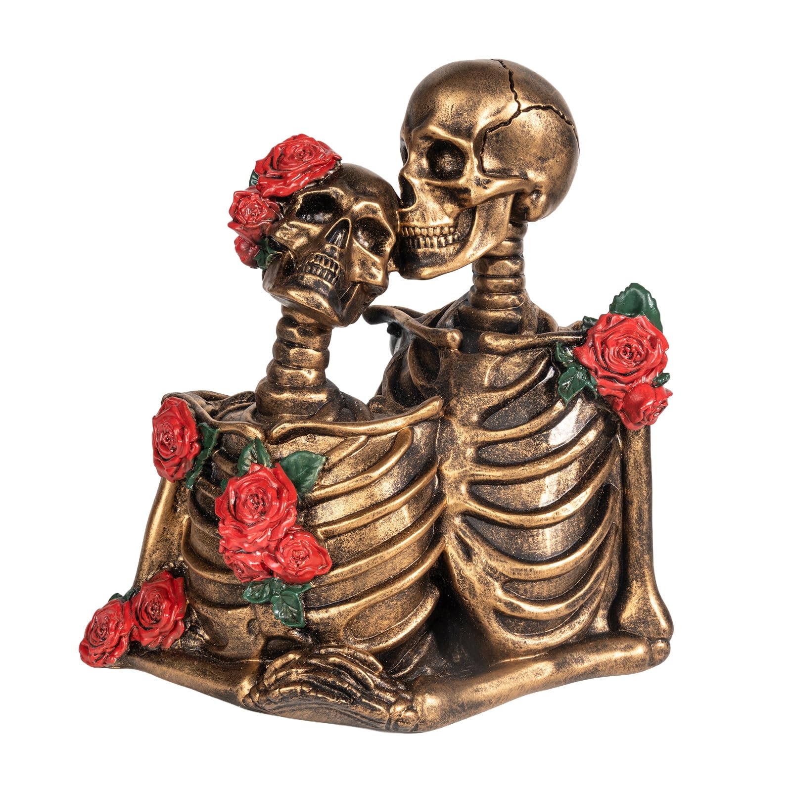 Glifora Halloween Gothic Skeleton Couple Figurine - Vintage Kissing Skeleton Resin Statue, Rose Skeleton Couple Sculpture for Holiday Party Decoration