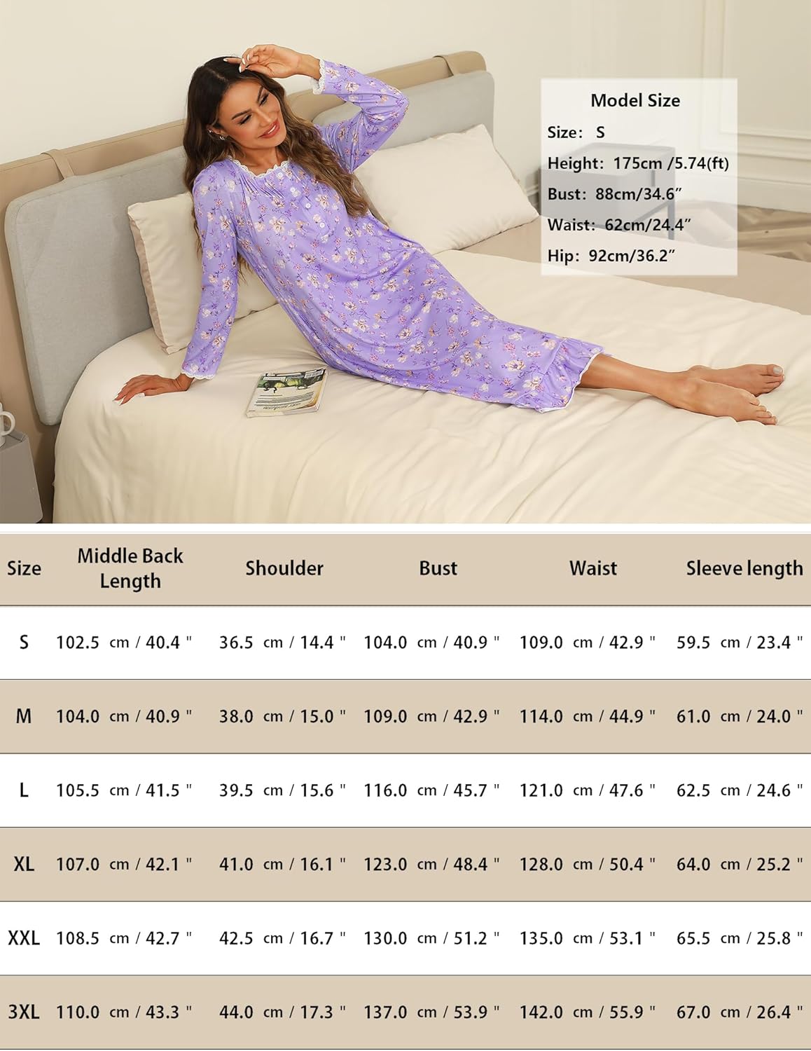 Marvmys Womens Cotton Long Sleeve Nightgown Long Sleepshirts Lace Trim Victorian Sleepwear with Pockets - Image 6