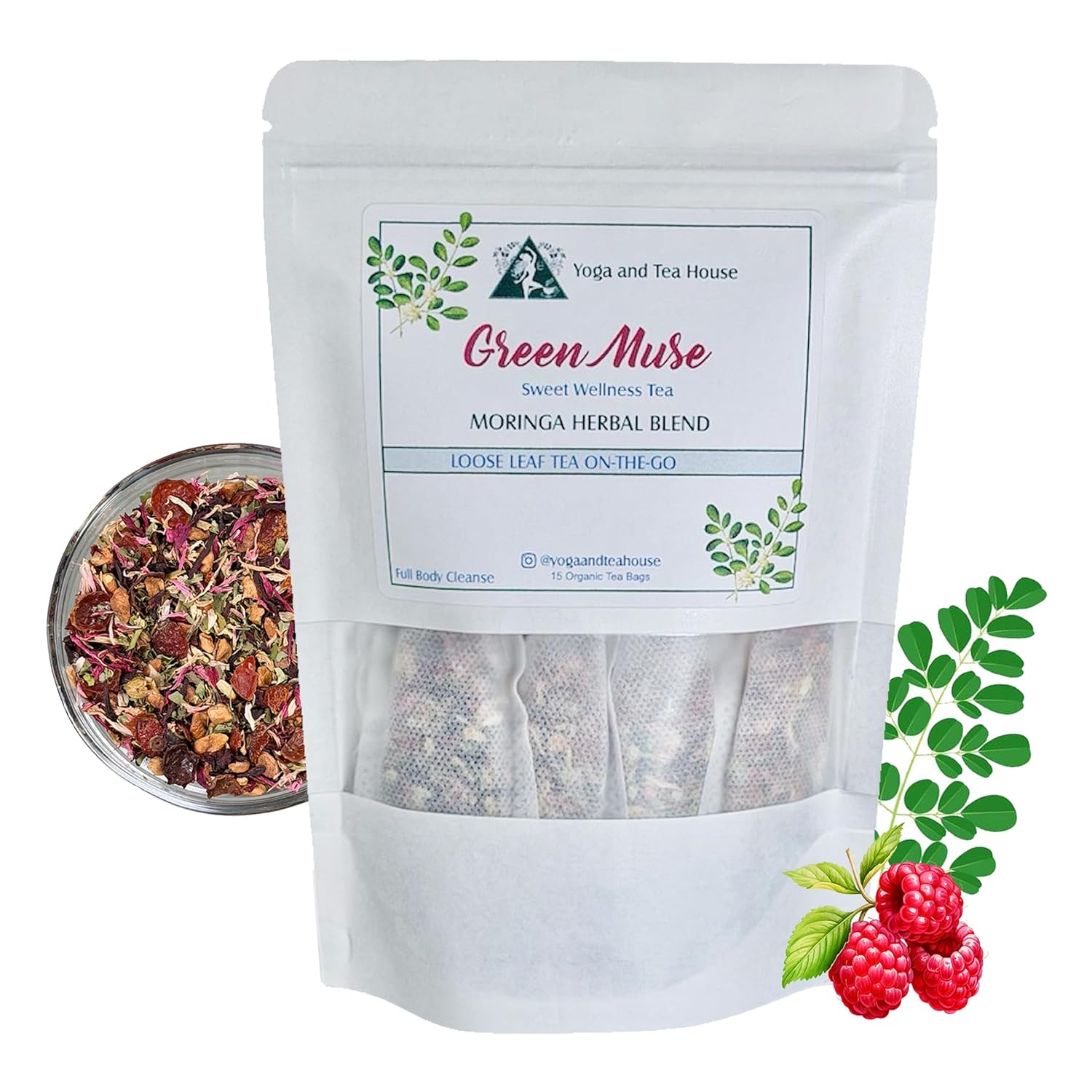 Moringa Tea Herbal Blend, Loose Leaf Tea, Full Body Cleanse, Green Muse Sweet Wellness Tea, 15 Organic Tea Bags, Yoga and Tea House