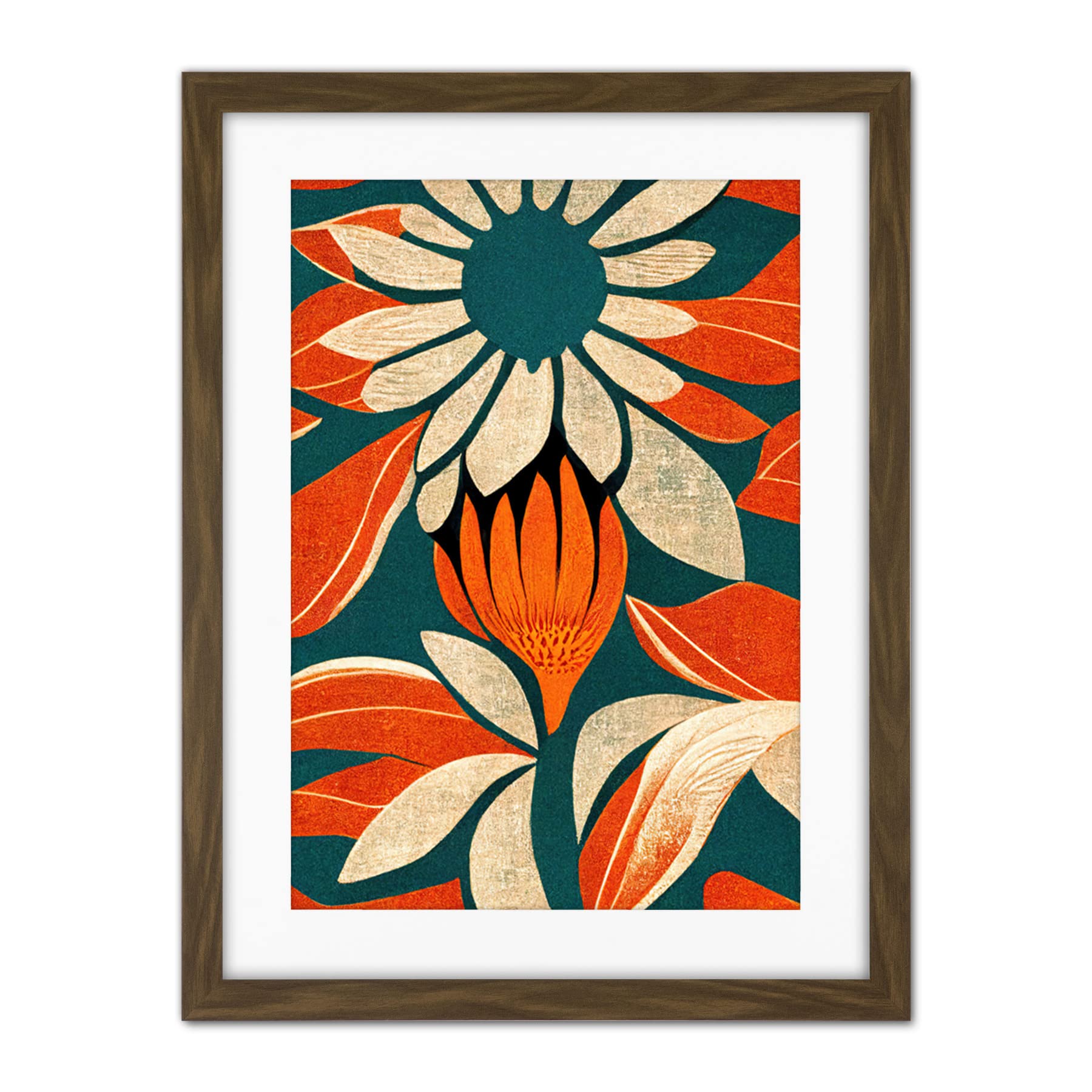 Doppelganger33 LTD Flower Design Teal Orange Abstract Linocut Artwork Framed Wall Art Print 18X24 Inch