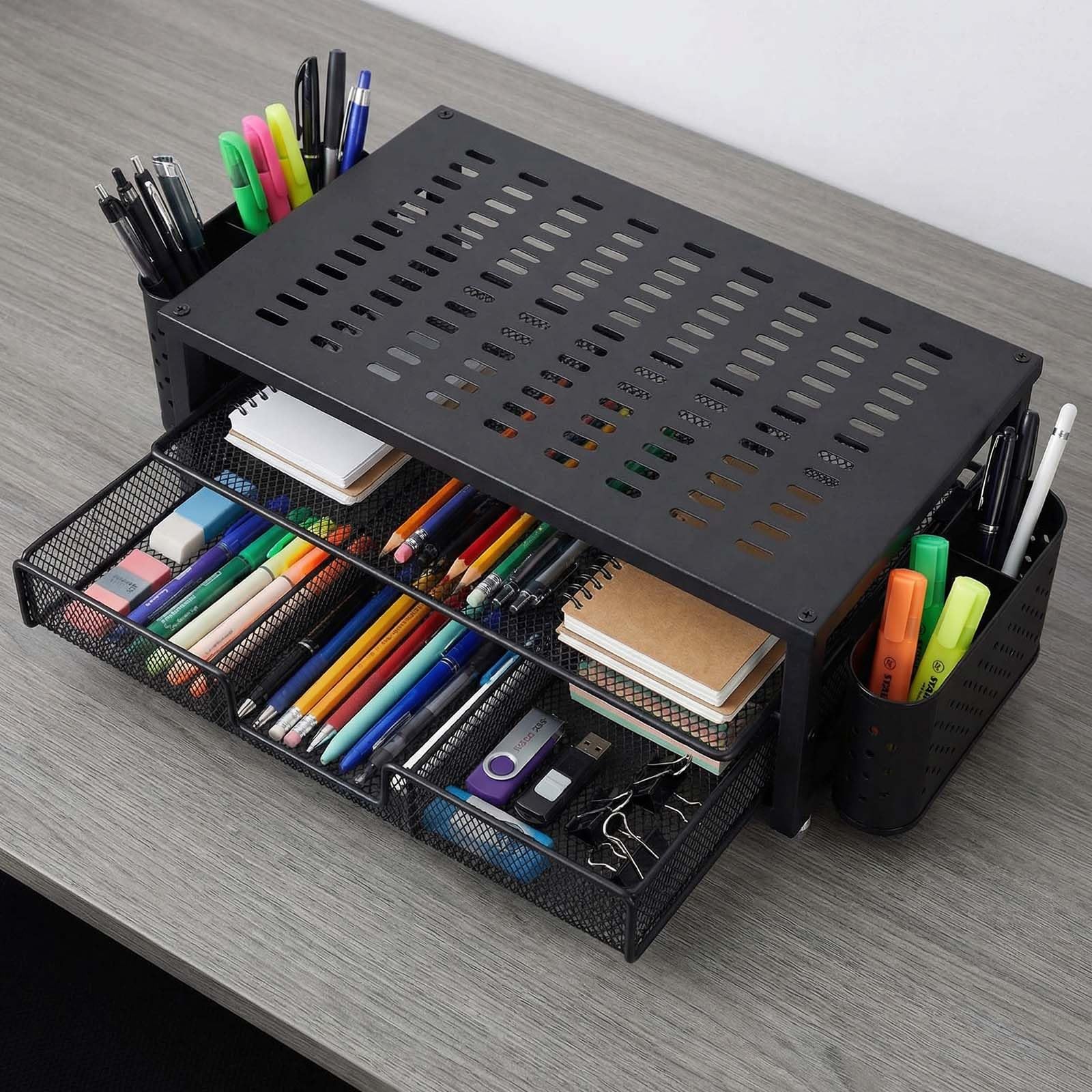 Alzaschermo con Cassetto e 2 Portapenne – Organizzatore da Scrivania Ergonomico per Monitor e Laptop, Supporto per Accessori Ufficio e Sistema di Archiviazione per Home Office