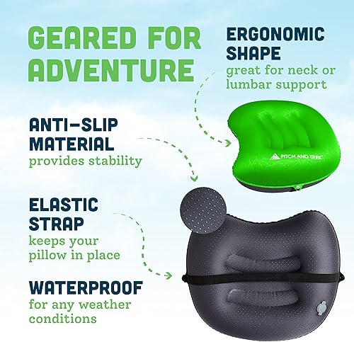 Miniatura 3 de Pitch and Trek Almohada de camping con funda extraíble, almohada inflable compacta portátil ultraligera para soporte lumbar y cuello, almohada