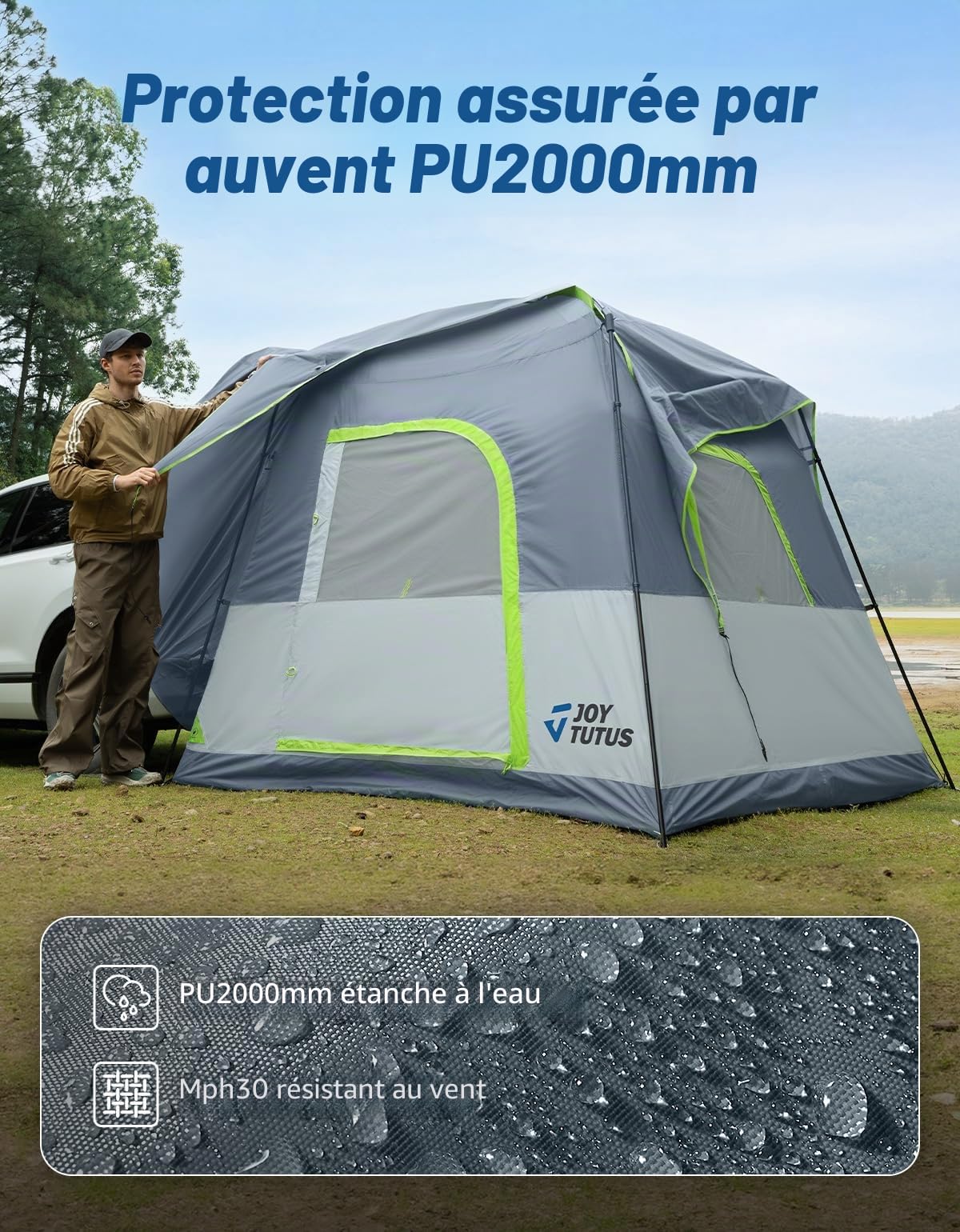 JOYTUTUS Tente SUV avec véranda et tente de camping pour la famille, grande tente pour voiture spatiale pour 4-9 personnes, SUV à double usage ou camping sous la pluie, double porte, toit ciel étoilé