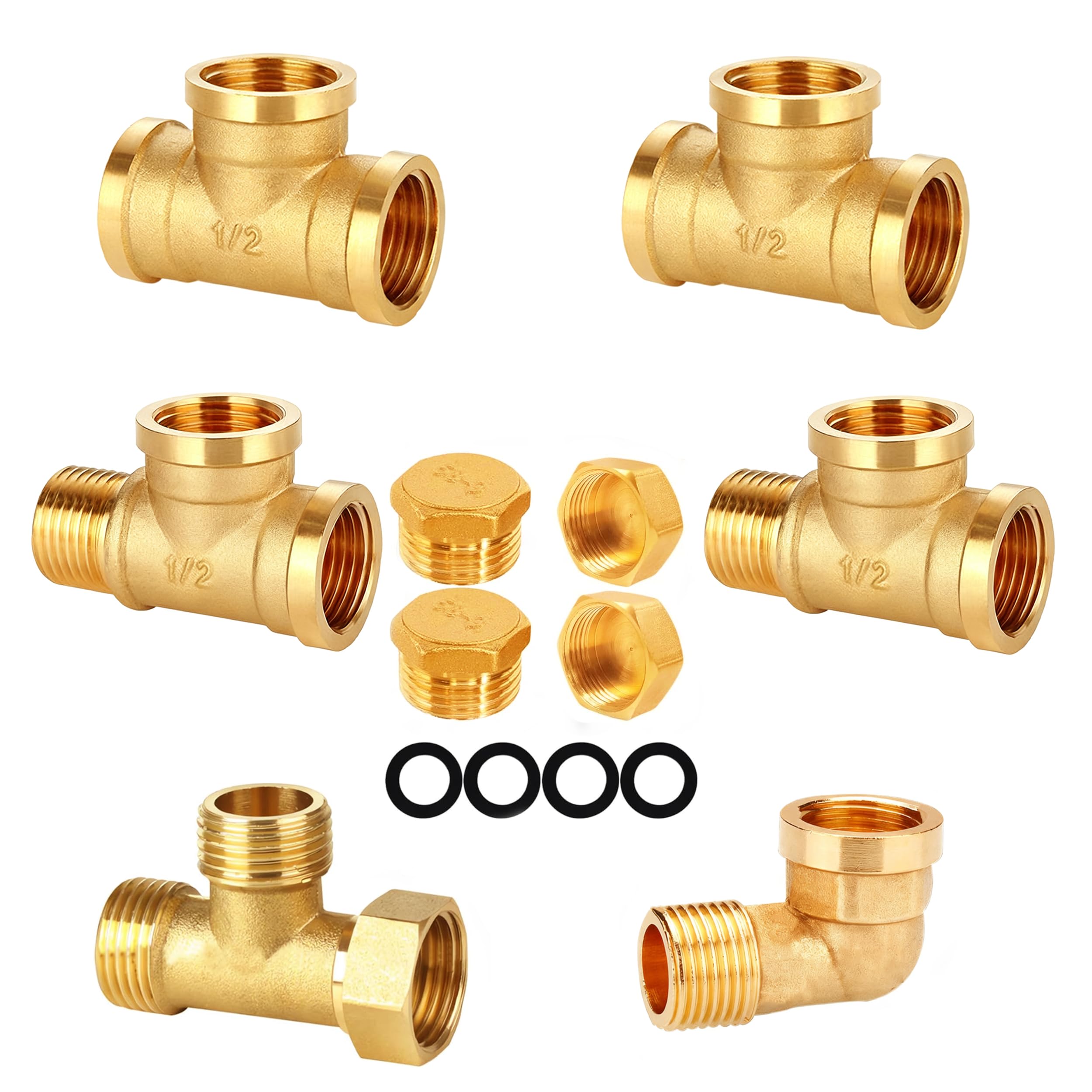 10pcs Kit de Conexiones de fontanería de latón G1/2” (DN20mm) Conexiones para tuberías de agua y presión industrial, Codos T-Tres enlaces tapones con rosca, para agua potable baño cocina bricolaje