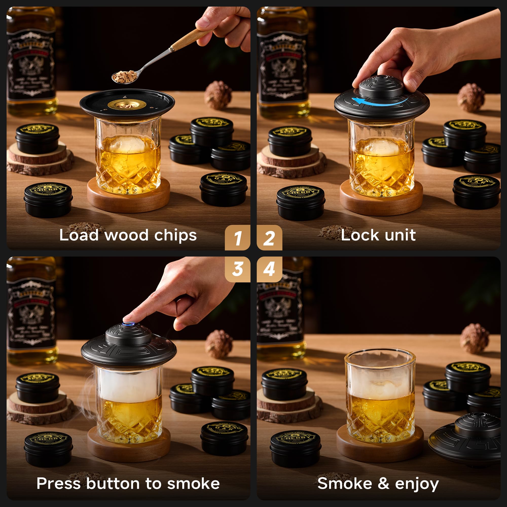 ComboJoy Kit per affumicatore elettrico per whisky, accendino integrato, 6 gusti di trucioli di legno, stampi per bicchieri e sfere di ghiaccio, kit ricaricabile per cocktail, kit per affumicatore di