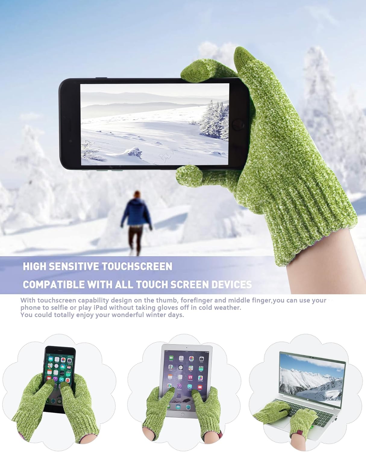 Womens Winter Knit Warm Hat Beanie Long Scarf Touch Screen Gloves Set Skull Caps Neck Scarves for Women - Image 3