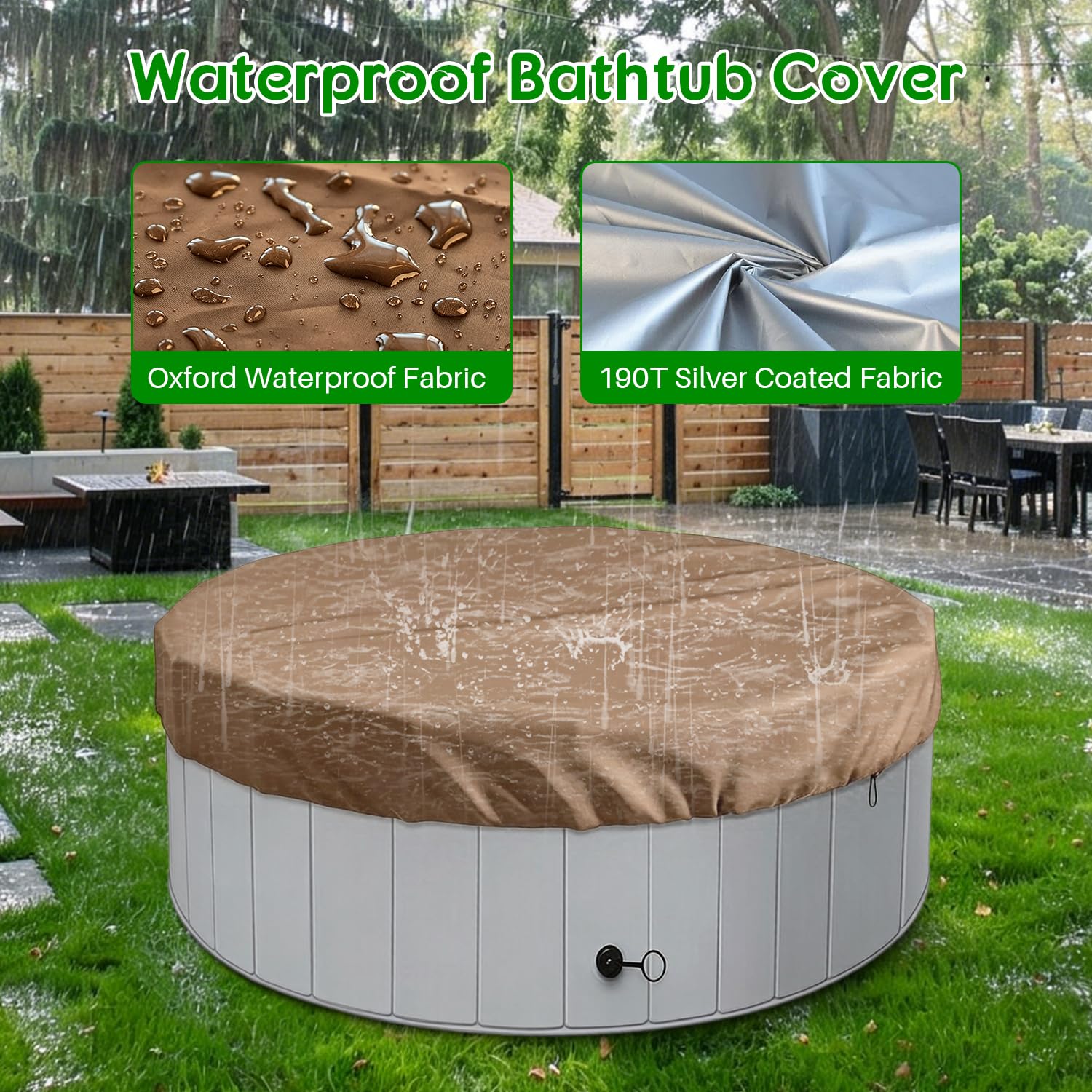 Copertina per vasca idromassaggio esterna, copertura spa rotonda da 200 x 30 cm con bordi rinforzati, protezione da pioggia per polvere pesante per vasca da bagno (marrone)