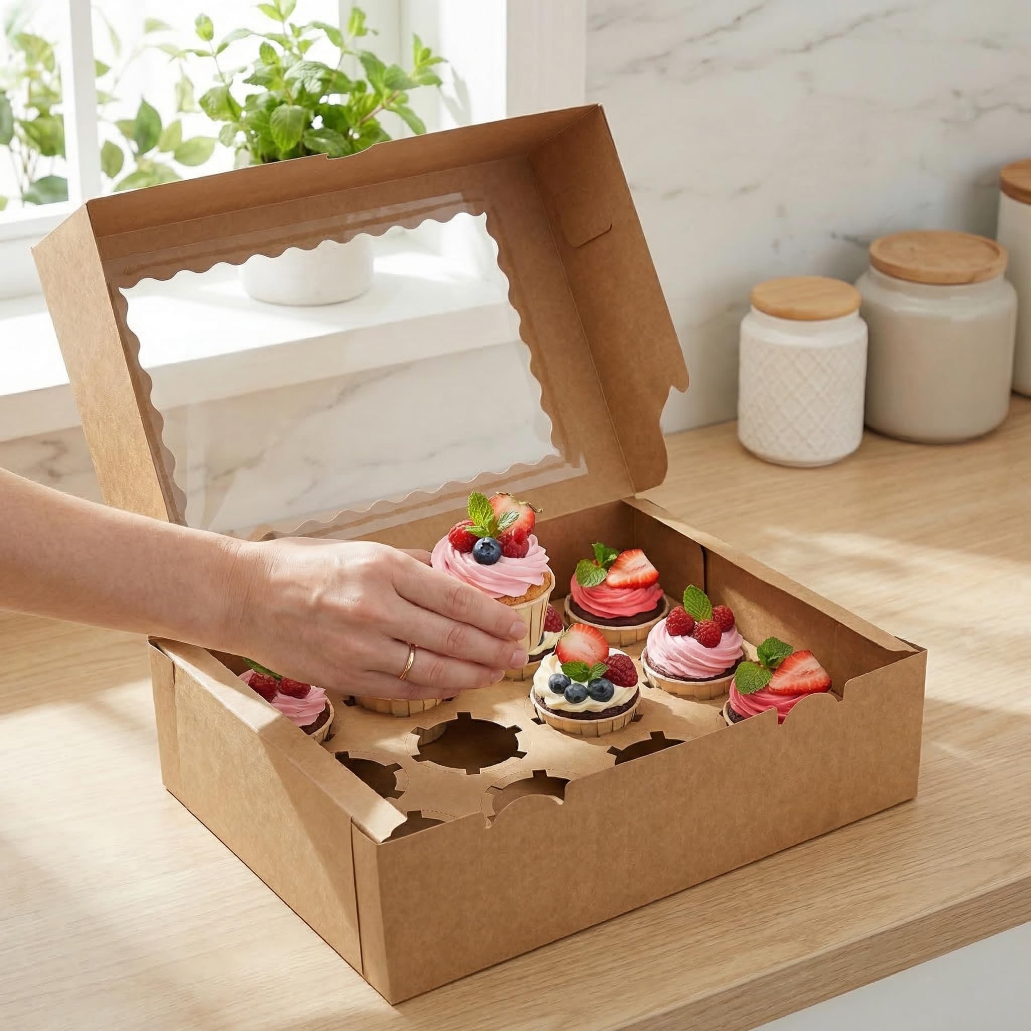 Jucoan 20er Set Cupcake Muffin Box aus Kraftpapier mit Großem Sichtfenster je 12 Loch Kuchenboxen Cupcake Boxen mit Abnehmbaren Einsätzen Cupcake Behälter mit Fenster für Muffins Cupcake Macarons