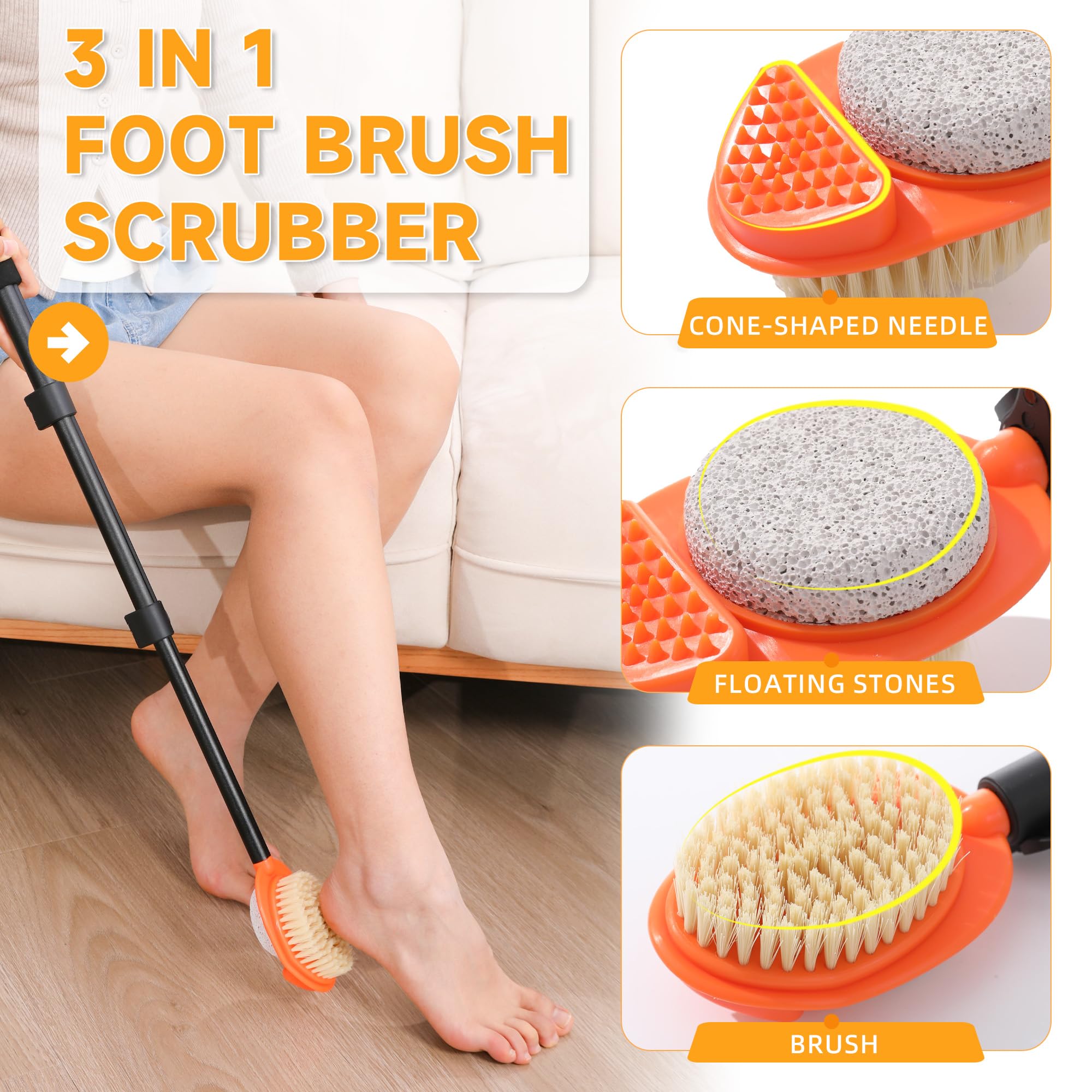 1 pièce pour enlever les callosités avec pierre ponce - Lime à pied 3 en 1 pour peaux durcies ou sèches - Brosse à pied rétractable à long manche 38-70 cm
