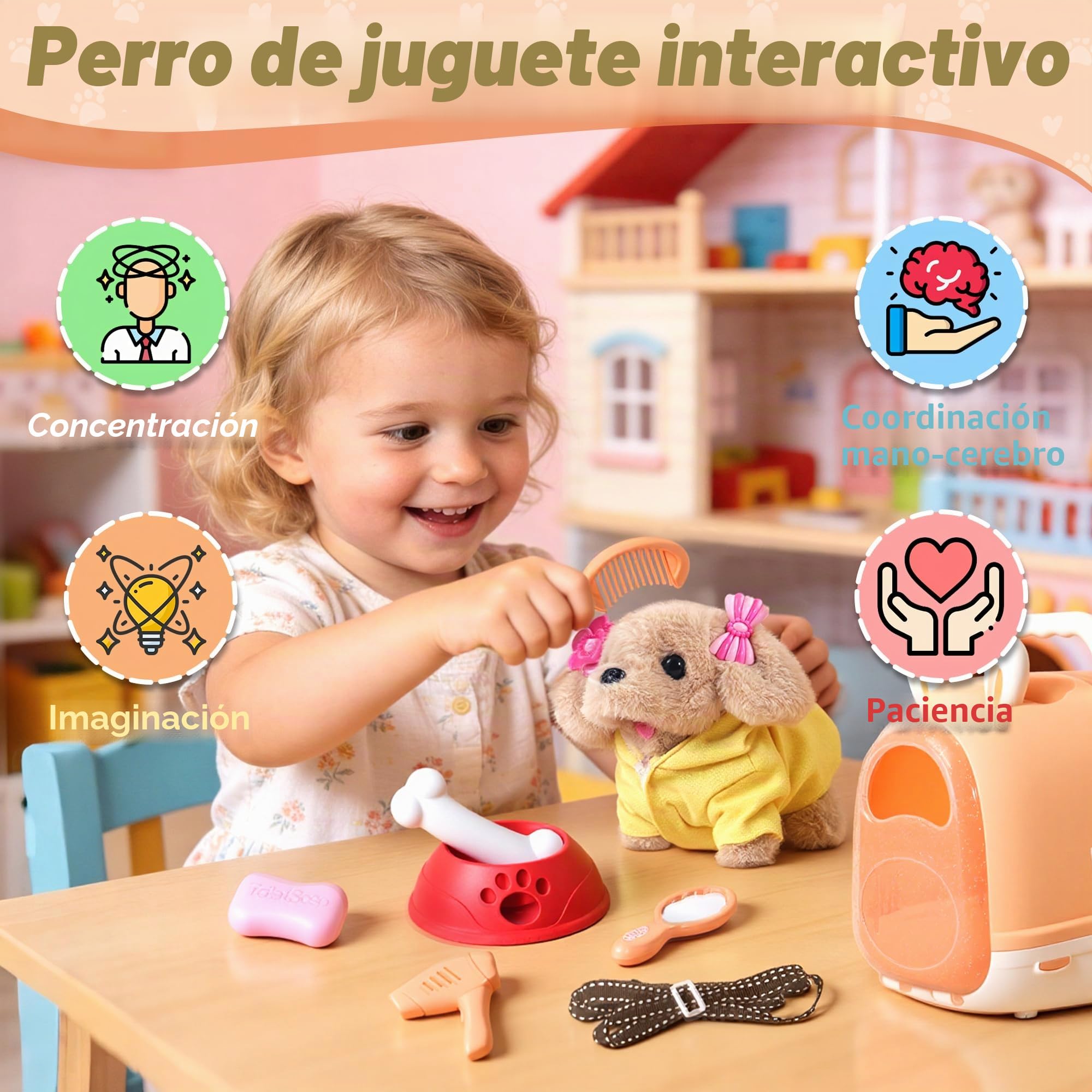 Perrito Juguete Que Ladra y Anda, Juguetes Niños 2 Años, Perro Interactivo con Jaula y 12 Accesorios, Perro Robot de Peluche Suave, Regalo Niña 2 3 4 Años y Cumpleaños