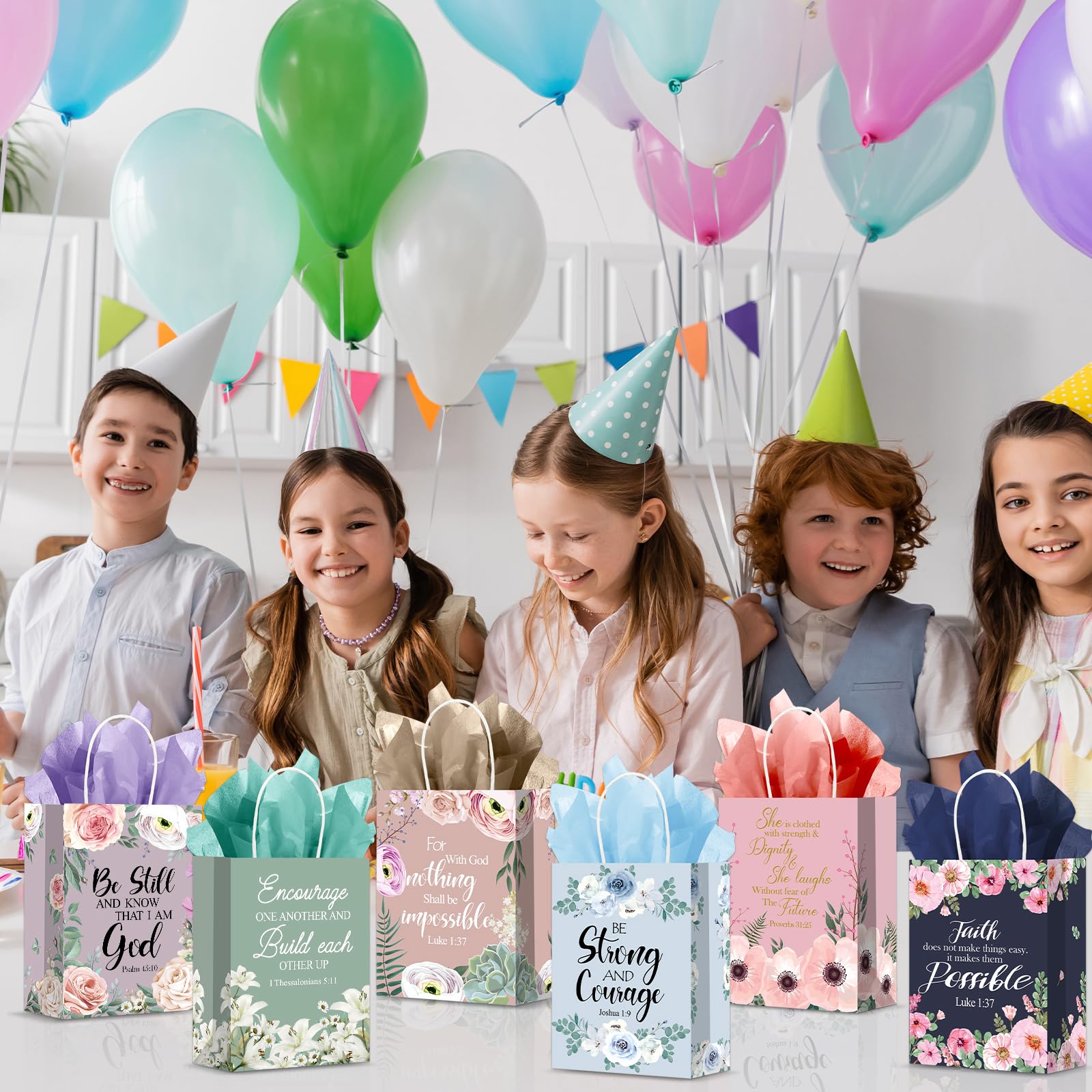 24Pcs Religious Christian Gift Bags Spring Classic Bible Verse Floral Paper Bags Inspirational Motivational Flower Treat Bag with Tissues Christian Church Gifts for Women Wedding Baptism Birthday Part
