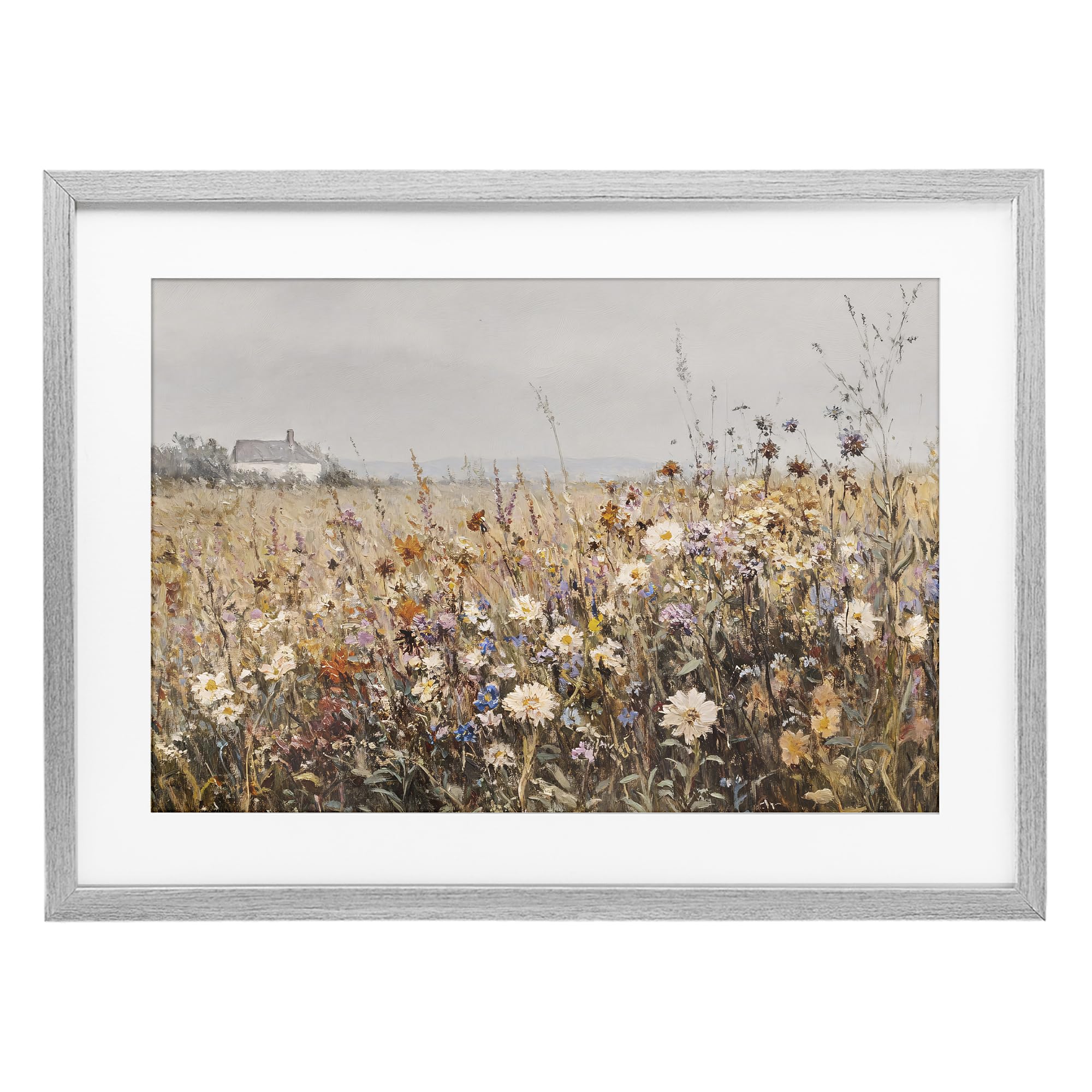 Stupell Industries Farmhouse Gray (Textured) 'Quaint Cottage Meadow'| Framed Print Under Glass
