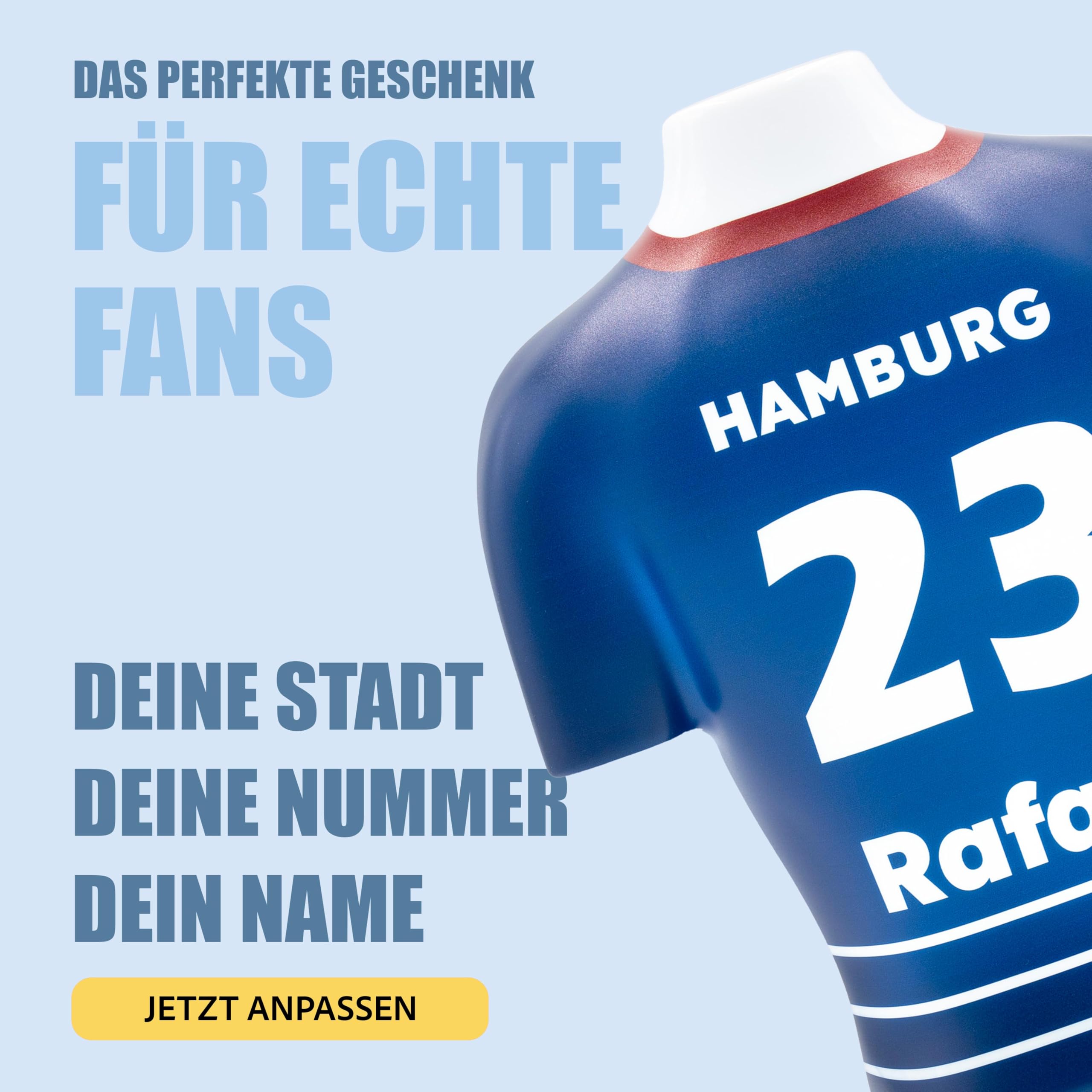 Fussball Trikot Lampe mit Namen – LED Nachtlicht Kinder, personalisierte Geschenke für Männer, Einzigartige Wanddeko für Fussball-Fans, Fußball Sachen für Jungen [Blau-Weiß | 25x30 cm]