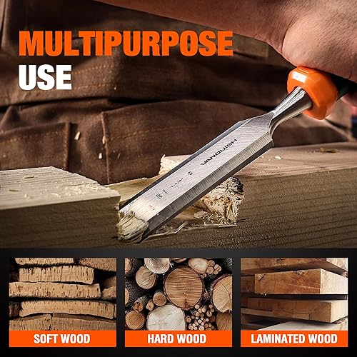 Miniatura 6 de VANQUISH Cuchillas biseladas de 34 de pulgada cincel de madera con tapa de acero llamativo para tallado de carpintería (4625)