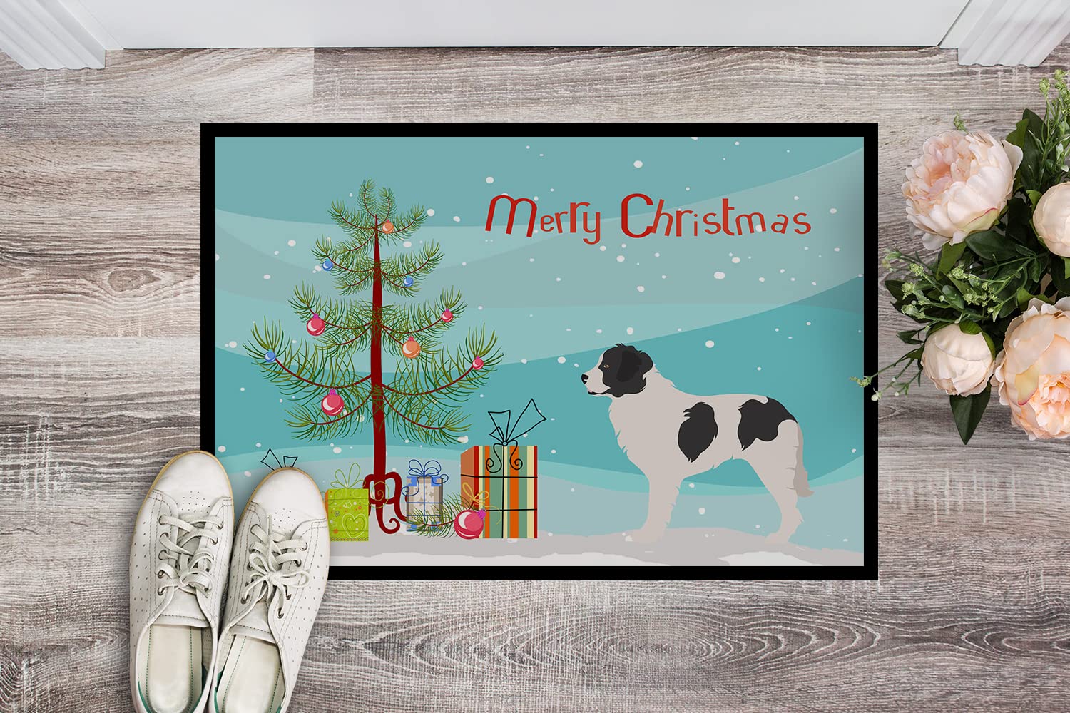 Caroline's Treasures BB8493JMAT Landseer Christmas Doormat 24x36 Front Door Mat Indoor Outdoor Rugs for Entryway, Non Slip Washable Low Pile, 24H X 36W