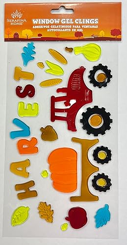 Vista 6 de Calcomanías de gel de otoño para ventanas y espejos, 6 hojas de diseños reutilizables de temporada espantapájaros, folilaje, tractor, calabazas