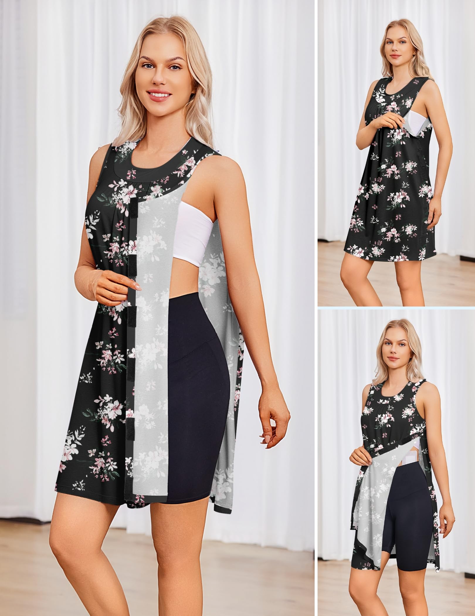 Deyeek Damen-Kleid, nach der Schulter, zum Abreißen, ärmellos, vollständig offen, Krankenhaus-Kleid, Chemo-Anschluss, anpassungsfähige Kleidung