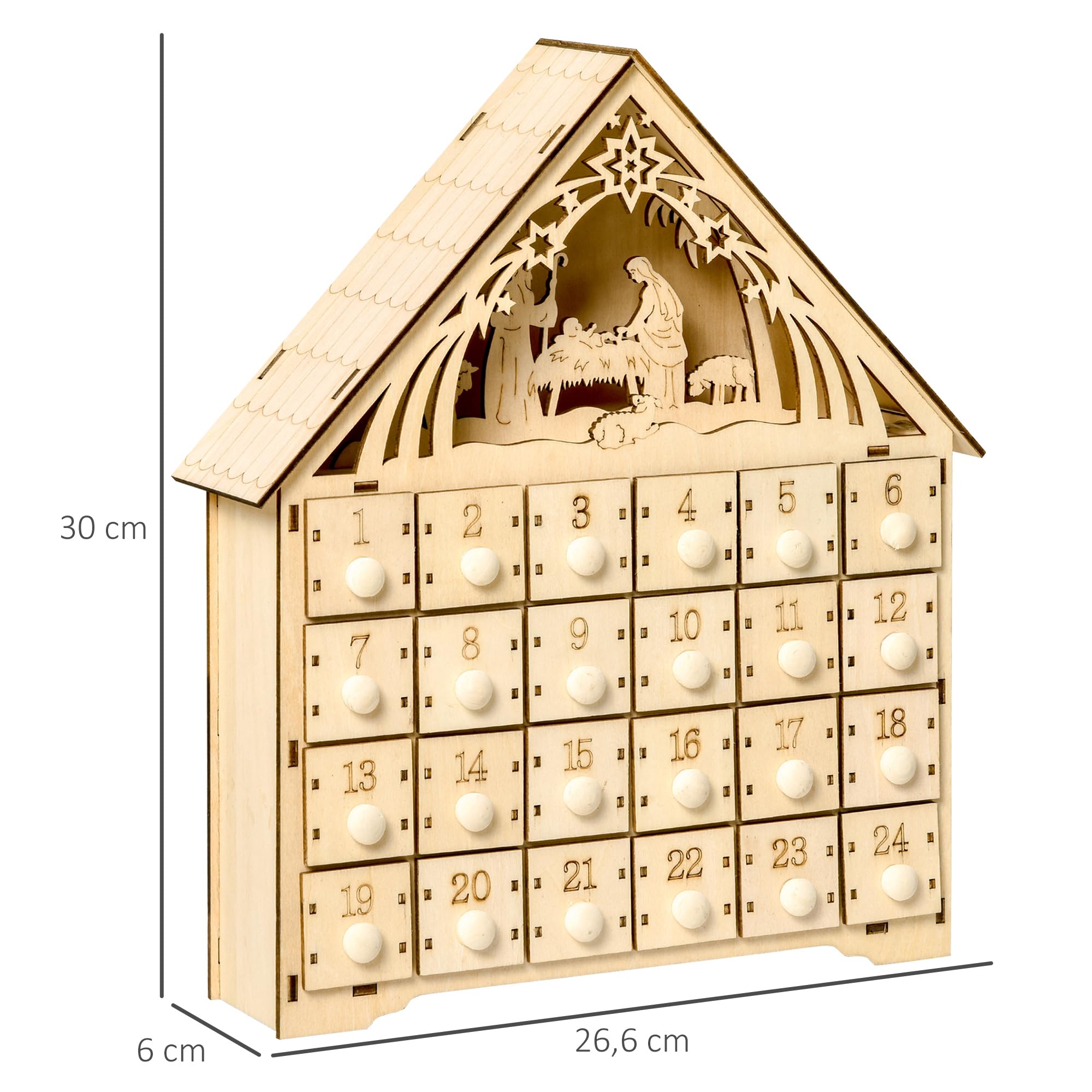HOMCOM Calendario de Adviento Madera con Luces 24 Cajas Navidad 26,6x6x30 cm Natural