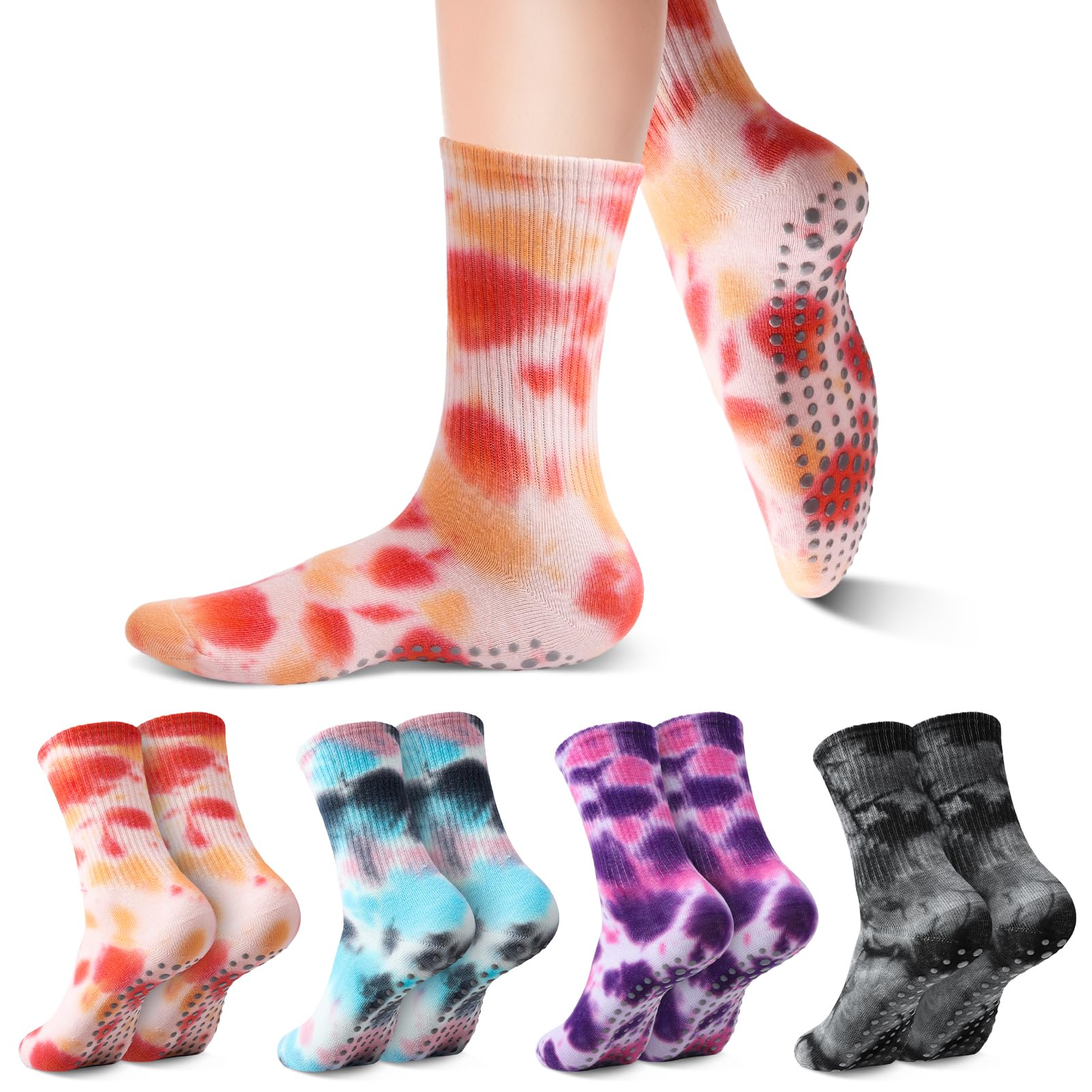 Jspupifip 4 Pairs Women Tie Dye Yoga Socks with Grips Non Slip Grip Crew Socks Colorful Grippy Socks for Pilates Barre Home (Black, Blue, Orange, Purple)