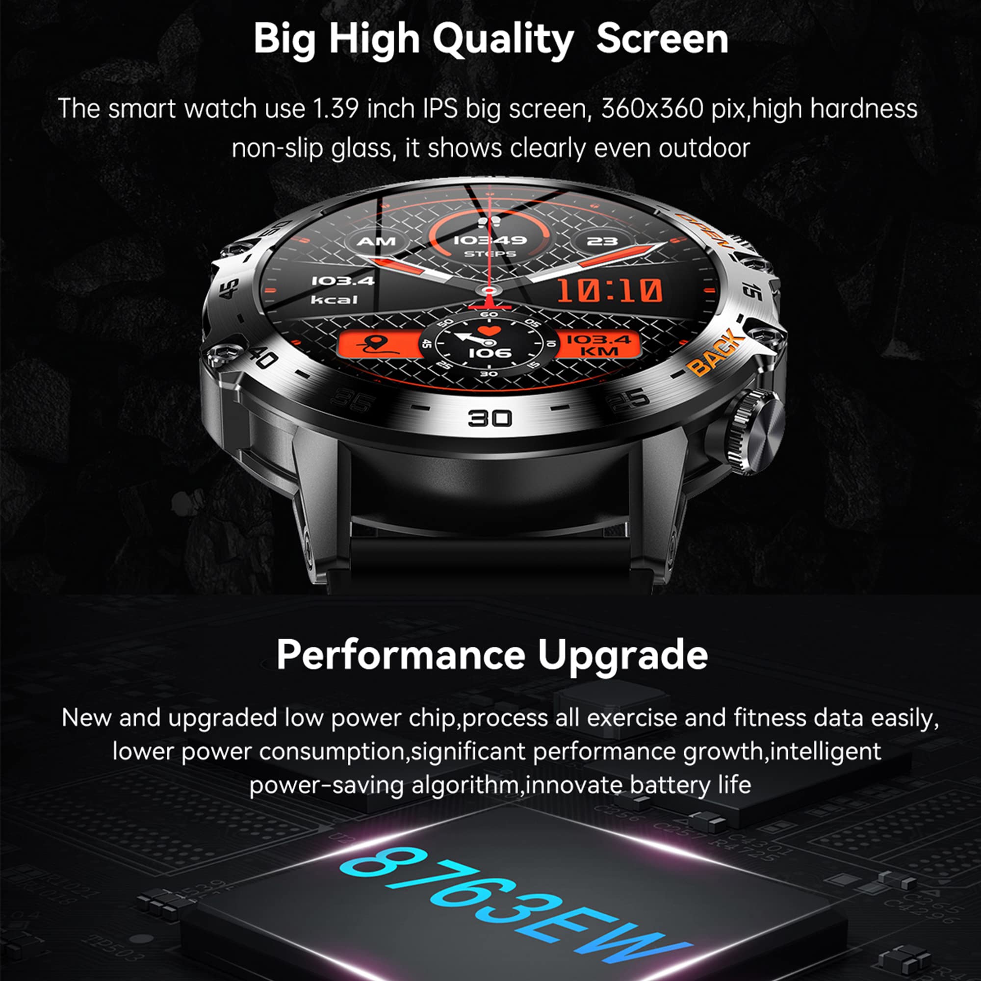 Smartwatch Herren mit Telefonfunktion,1,39”Touchscreen 5ATM Wasserdicht Sportuhr mit Blutdruckmessung, SpO2, 100+ Sportmodi, Outdoor Fitness Tracker Militär Uhr kompatibel mit iOS Android (Schwarz)