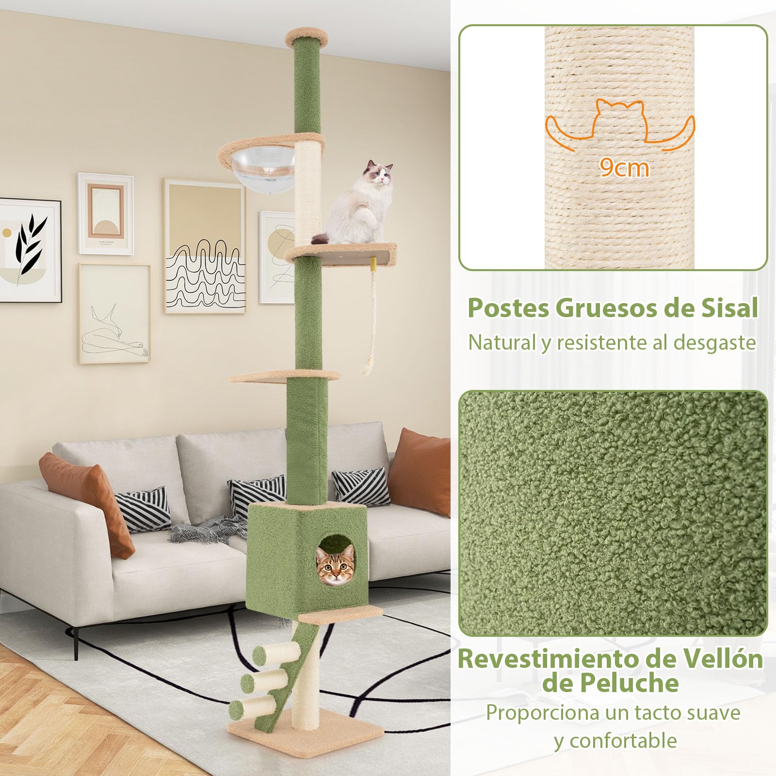 GOPLUS Árbol para Gatos de Piso a Techo, Torre para Gatos de 218-253 cm de Altura Ajustable con 2 Postes Adicionales, Postes Rascadores de Sisal, Centro de Juegos para Gatitos de 5 Niveles