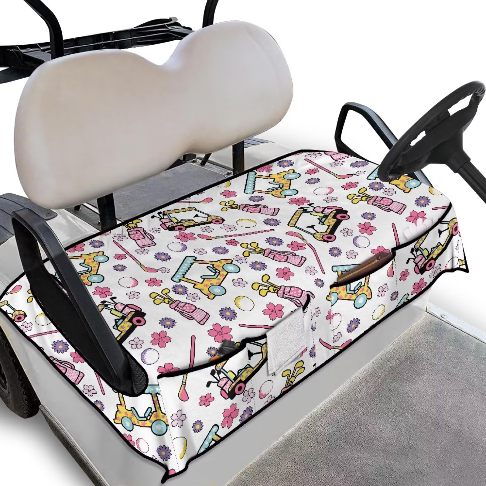Biyejit Golf Cart Seat Covers, Universal Golf Cart Seat Towel Blanket with 4 Front Pockets for 2-Person Seats Golf Carts