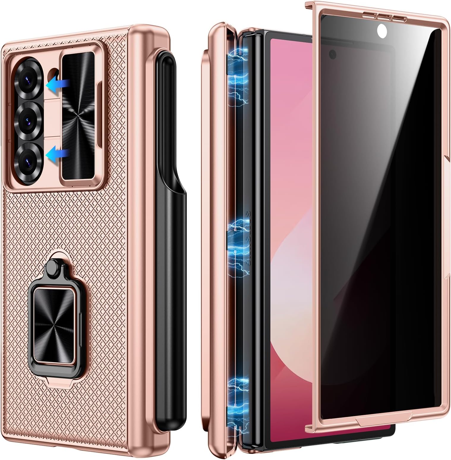 Doeshinefor Samsung Galaxy Z Fold 6 Case with S Pen Holder & 360° Ring Kickstand, Slide Camera Cover, Front Privacy Screen HD Protector, Magnetic Hinge Protection, Heavy Duty Shockproof Case (Gold)