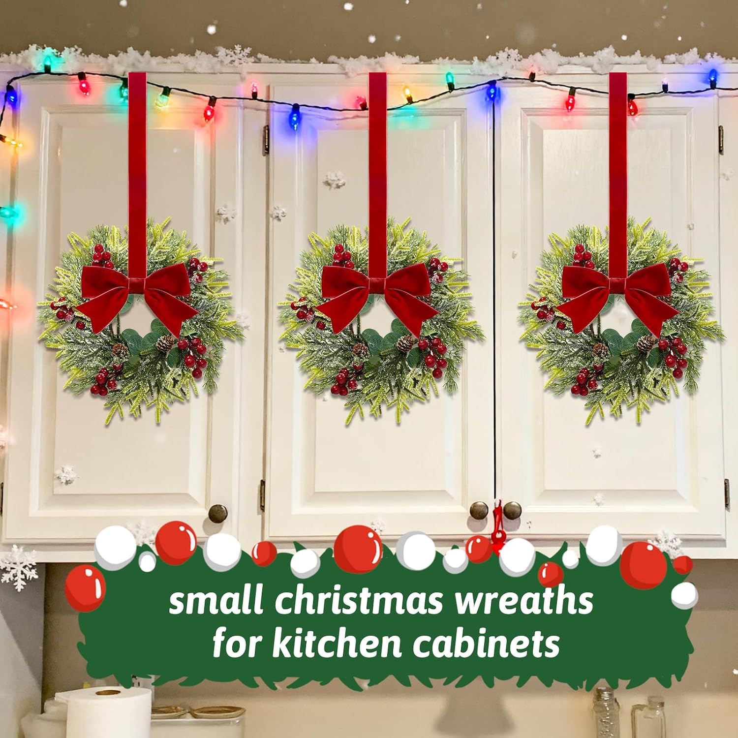 6 Pcs Mini Christmas Wreaths for Cabinets – 12 Inch Small Christmas Wreaths with Red Velvet Ribbon, Pine Cones & Berries, Snowy Cedar Candle Rings for Kitchen Cabinet Christmas Decor
