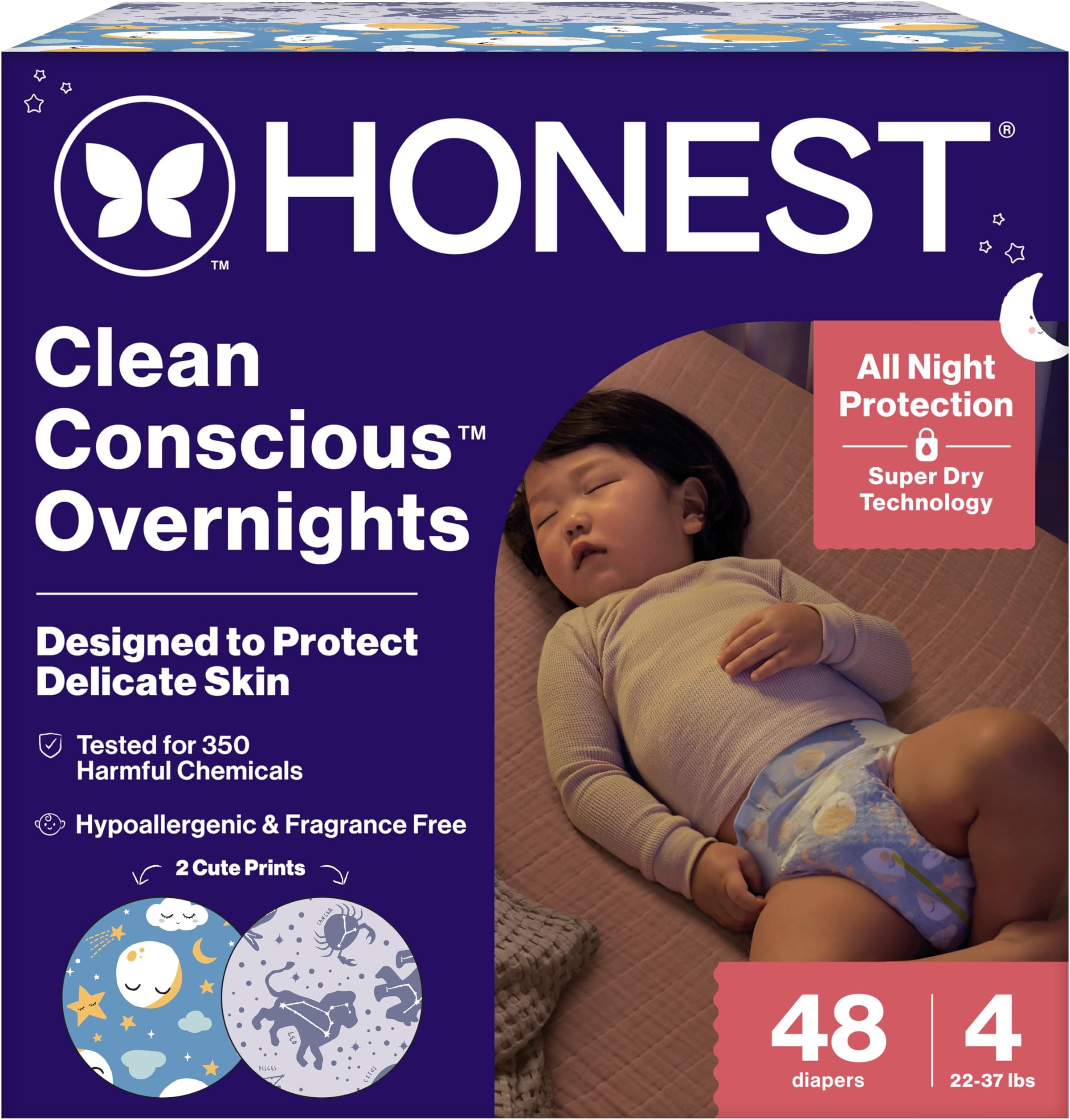 Comfort Dry Overnight Diapers, Up to 12 Hours Protection, Hypoallergenic, Cozy Cloud + Star Signs, Club Box Size 4 (22–37 lbs), 48 Count