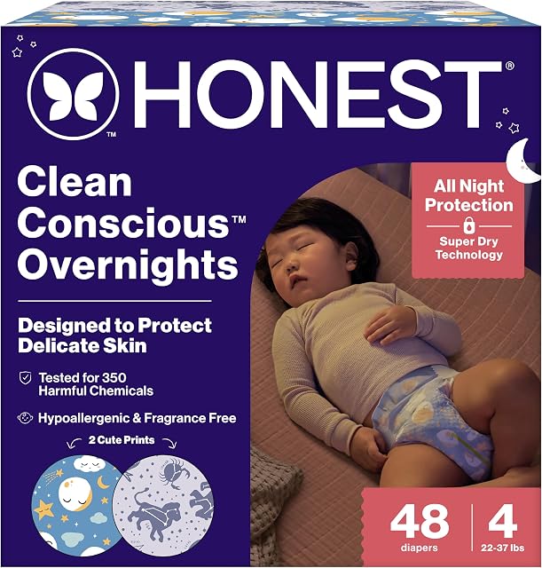 The Honest Company Clean Conscious Overnight Diapers for Sensitive Skin | Hypoallergenic, Fragrance Free | Cozy Cloud + Star Signs | Club Box, Size 4 (22-37 lbs), 48 Count