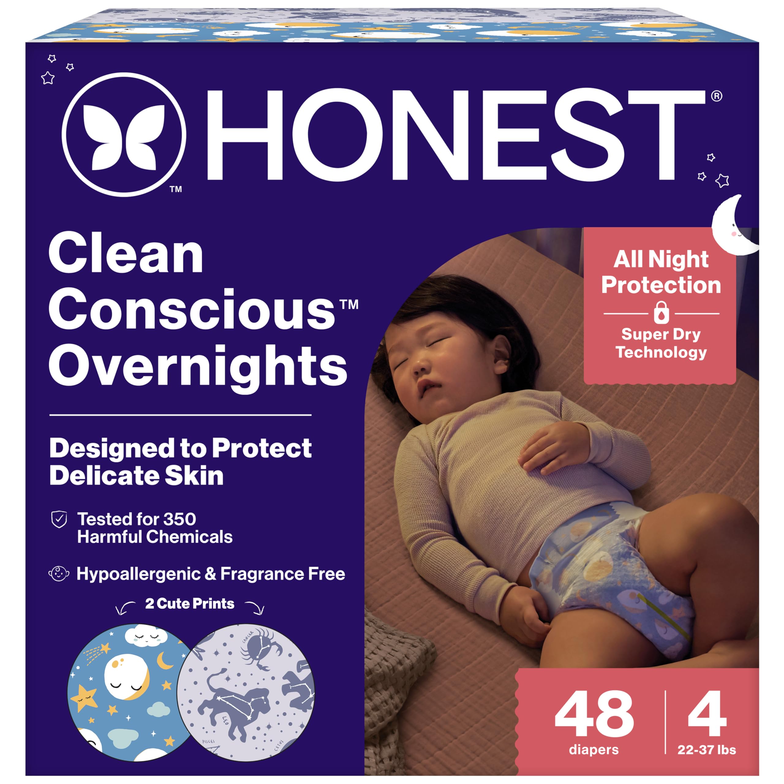 The Honest Company Comfort Dry Disposable Overnight Diapers for Sensitive Skin, Hypoallergenic, Baby Cozy Cloud and Star Signs Design Club Box Size 4 (22–37 lbs) 48 Count